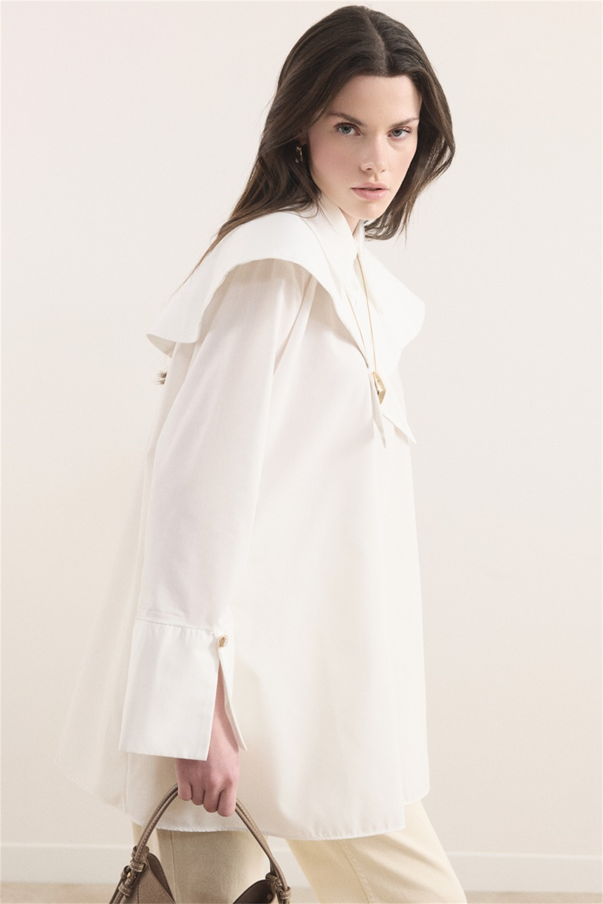 Büyük Yaka Ekose Garnili Dacron Gömlek - Ekru