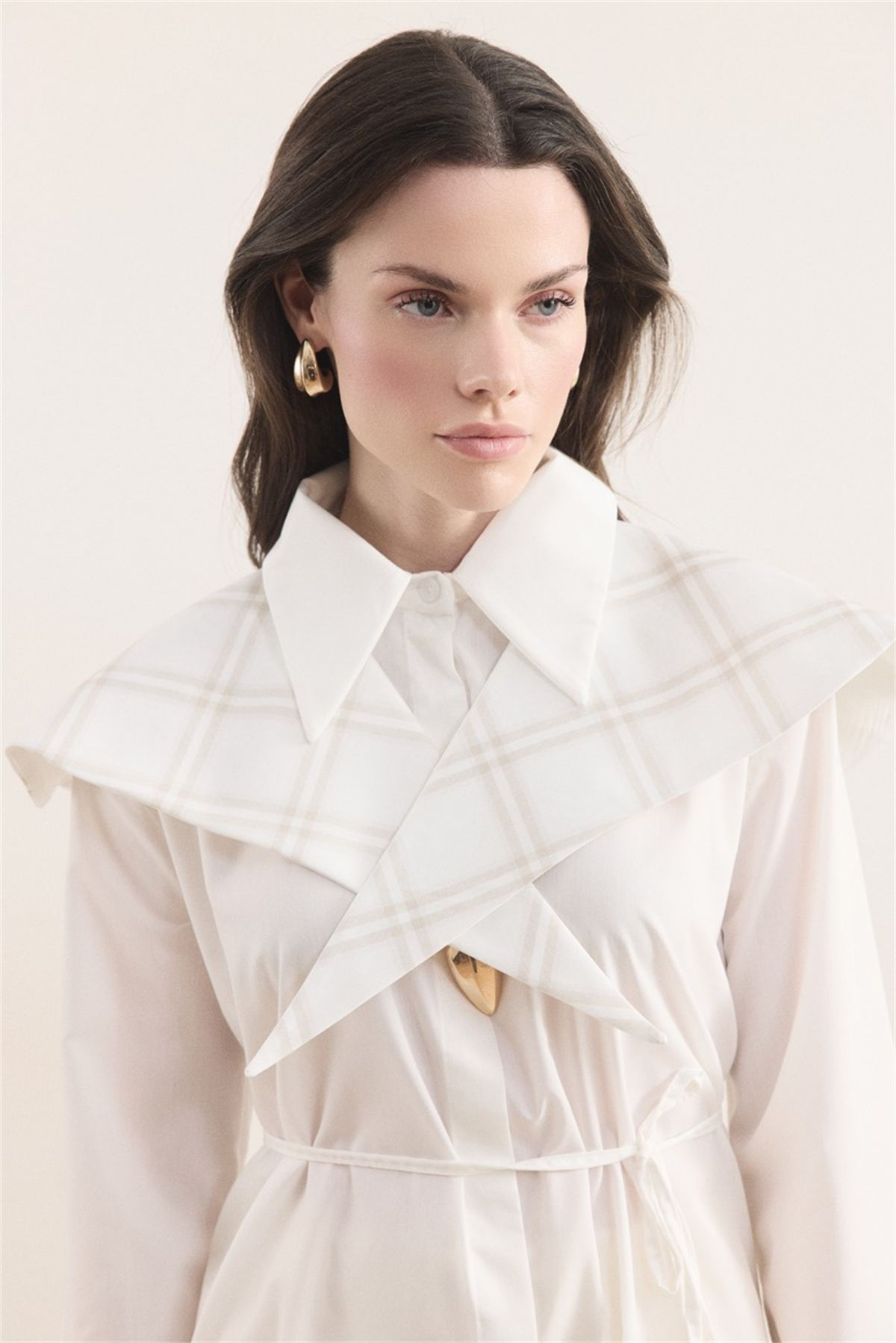 Büyük Yaka Ekose Garnili Dacron Gömlek - Ekru