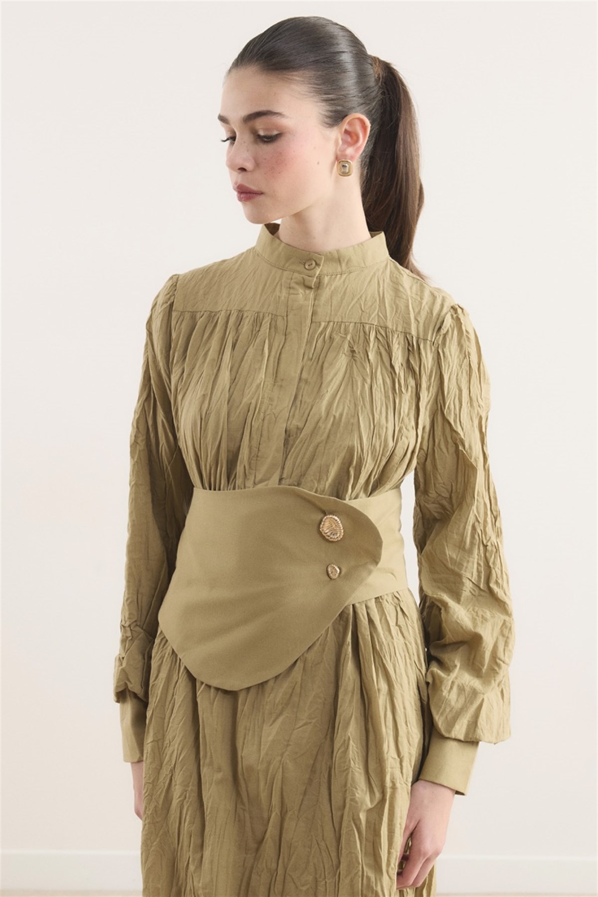 Büzgülü Yarım Patlı Vual Elbise - Haki