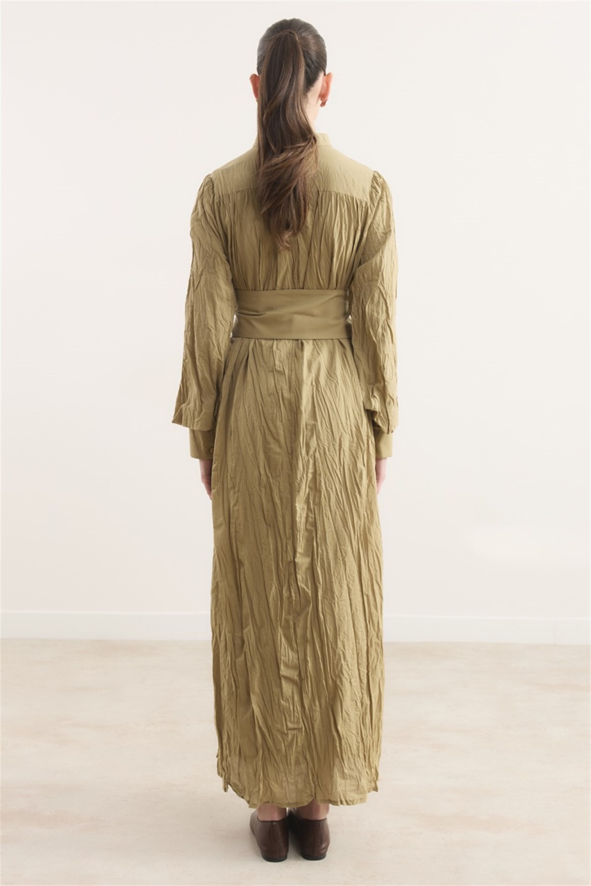 Büzgülü Yarım Patlı Vual Elbise - Haki