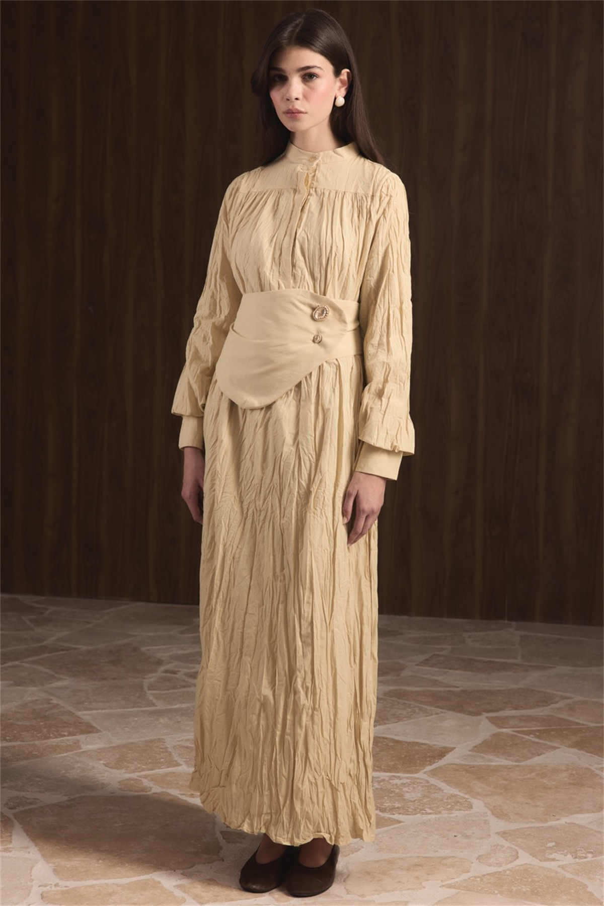 Büzgülü Yarım Patlı Vual Elbise - Sarı