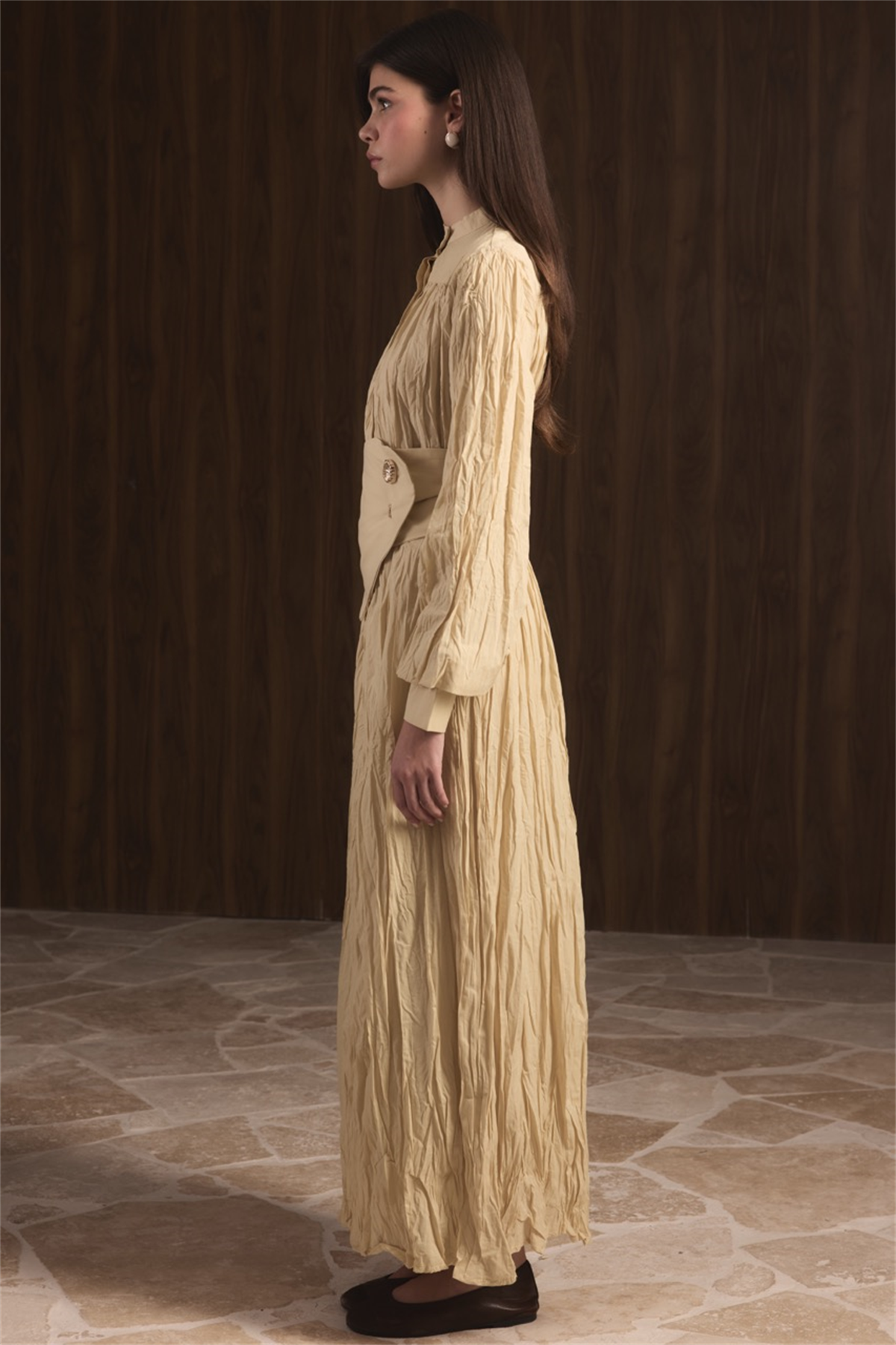 Büzgülü Yarım Patlı Vual Elbise - Sarı