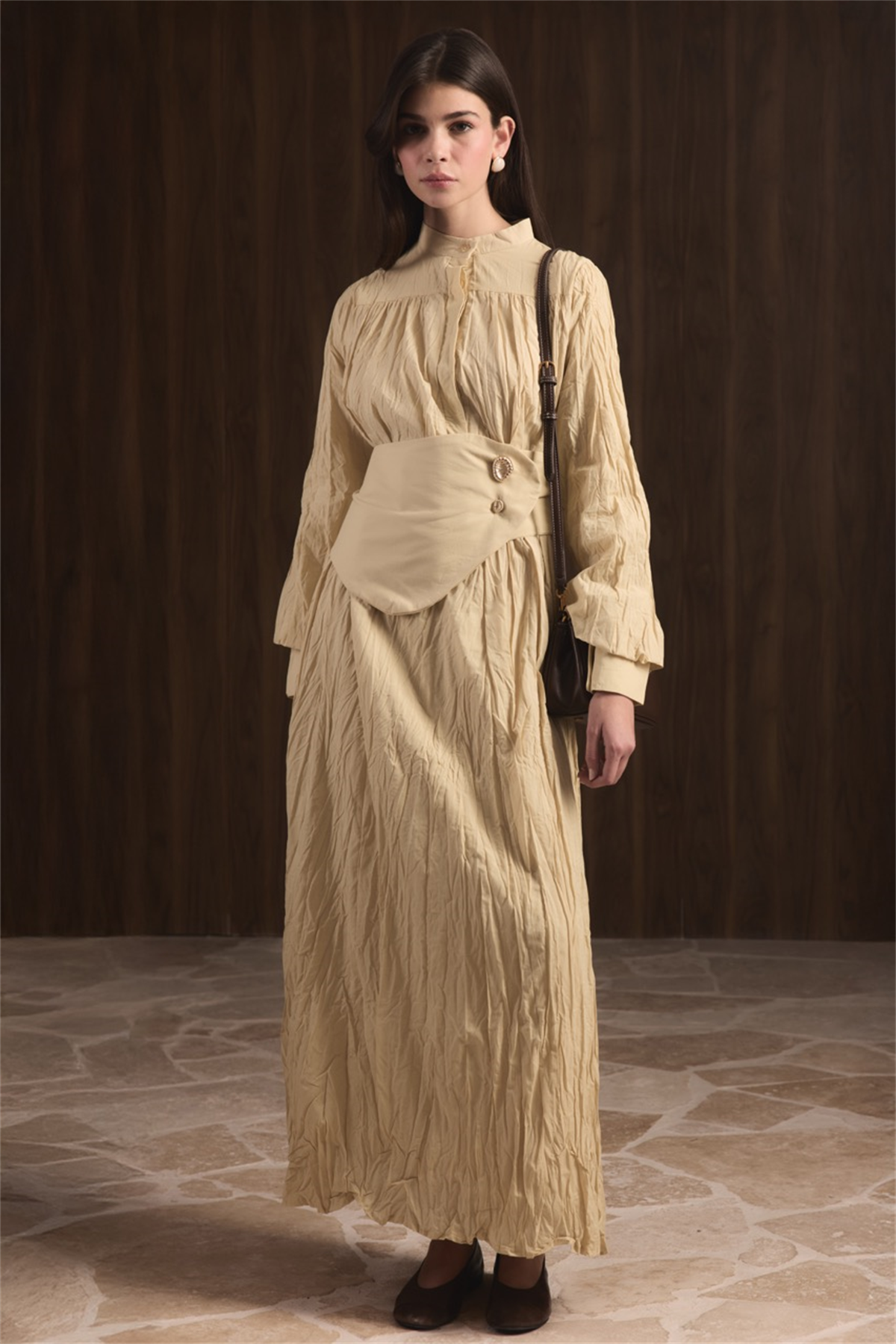 Büzgülü Yarım Patlı Vual Elbise - Sarı