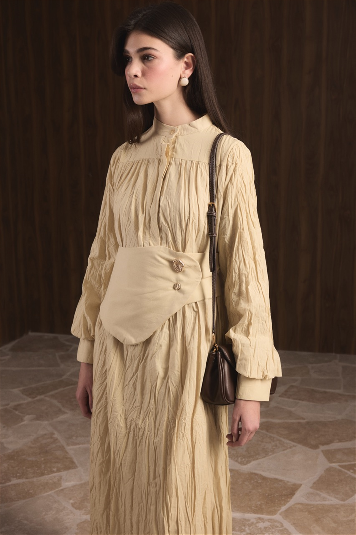 Büzgülü Yarım Patlı Vual Elbise - Sarı