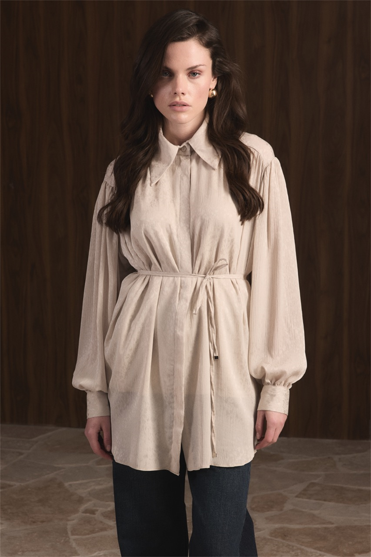 Büzgülü Yoryo Şifon Astarlı Gömlek - Taş