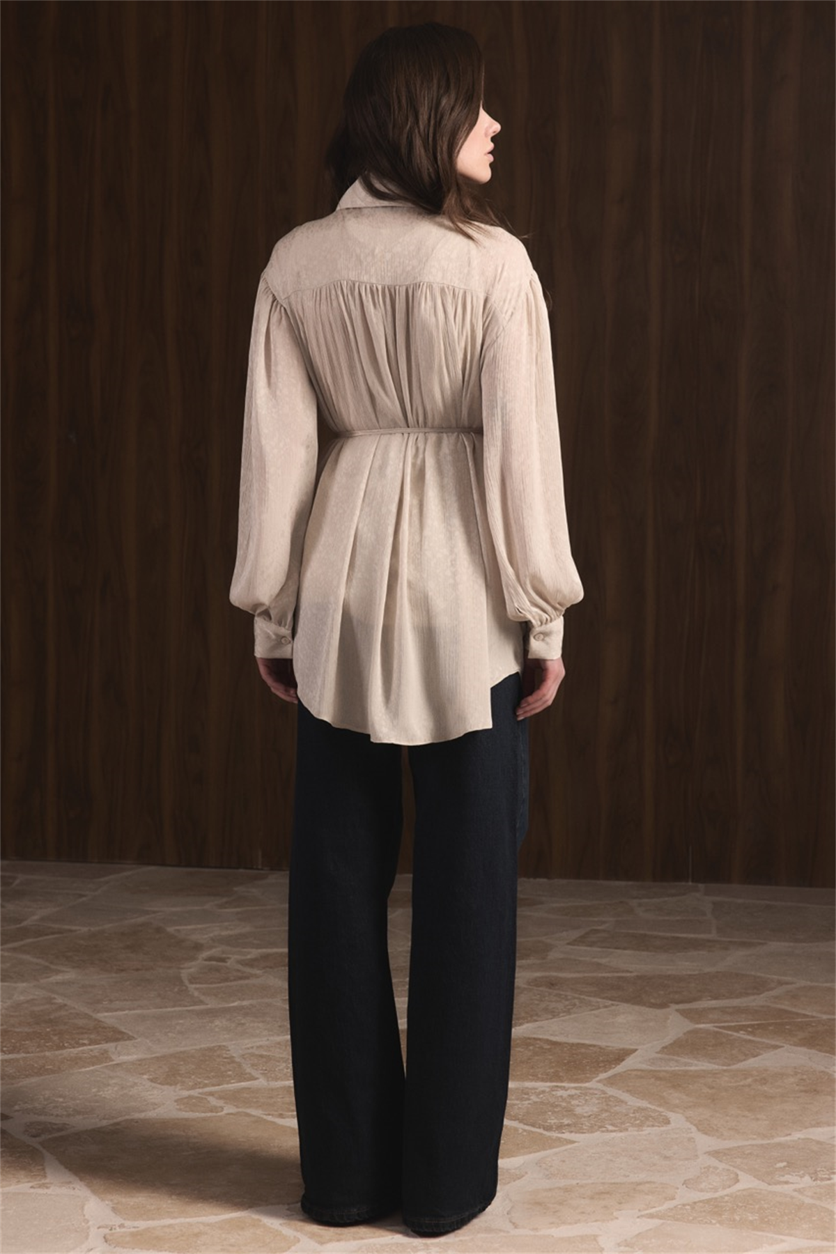 Büzgülü Yoryo Şifon Astarlı Gömlek - Taş