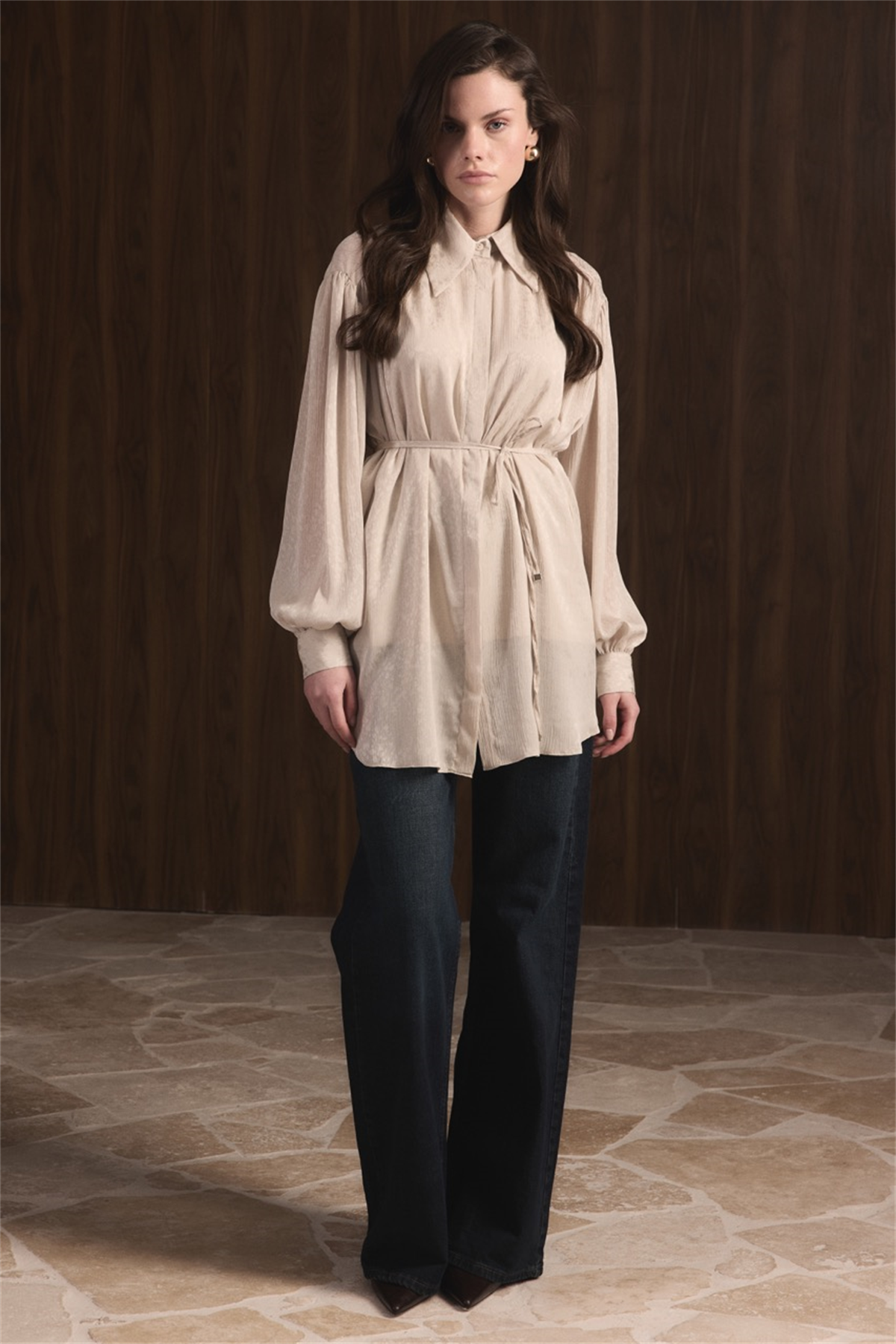 Büzgülü Yoryo Şifon Astarlı Gömlek - Taş