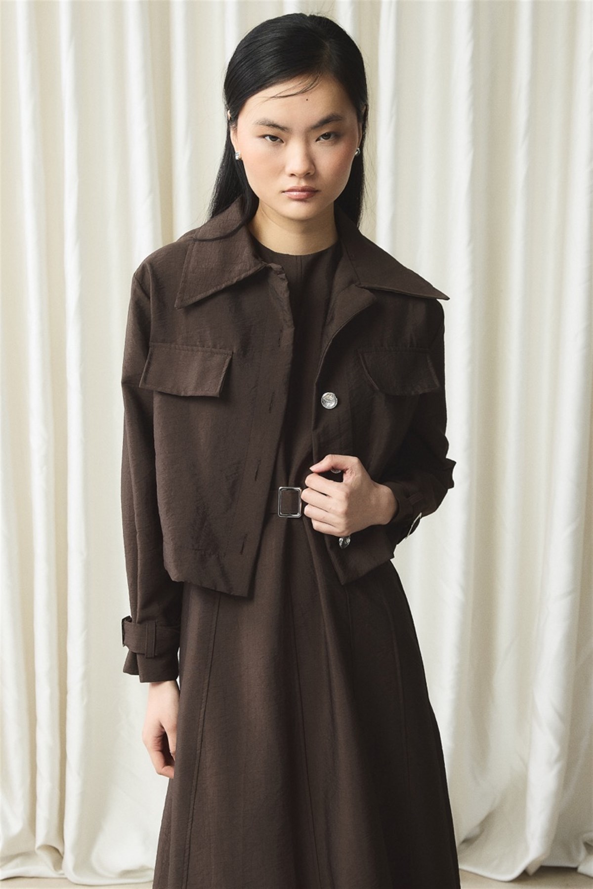 Ceketli Cupra Jile Elbise - Kahve