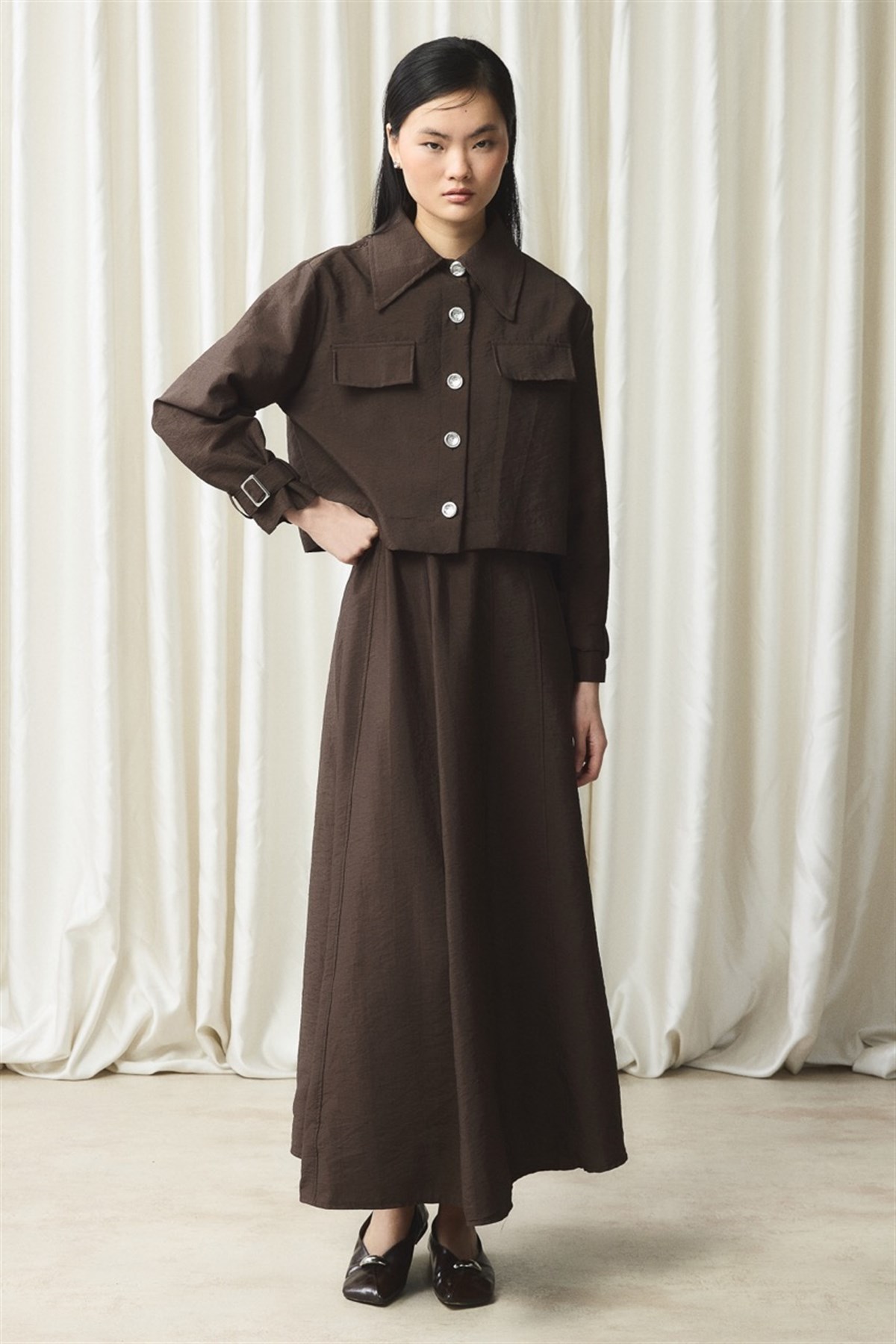 Ceketli Cupra Jile Elbise - Kahve