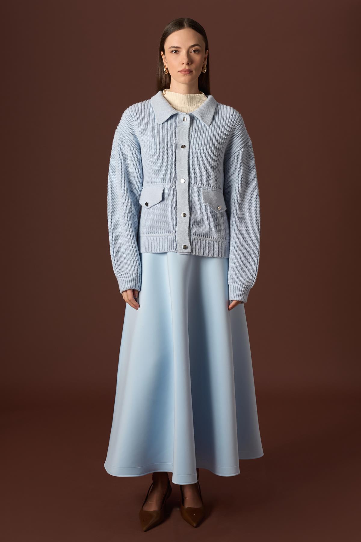 Cep Detaylı Düğmeli Triko Hırka - bebe mavisi