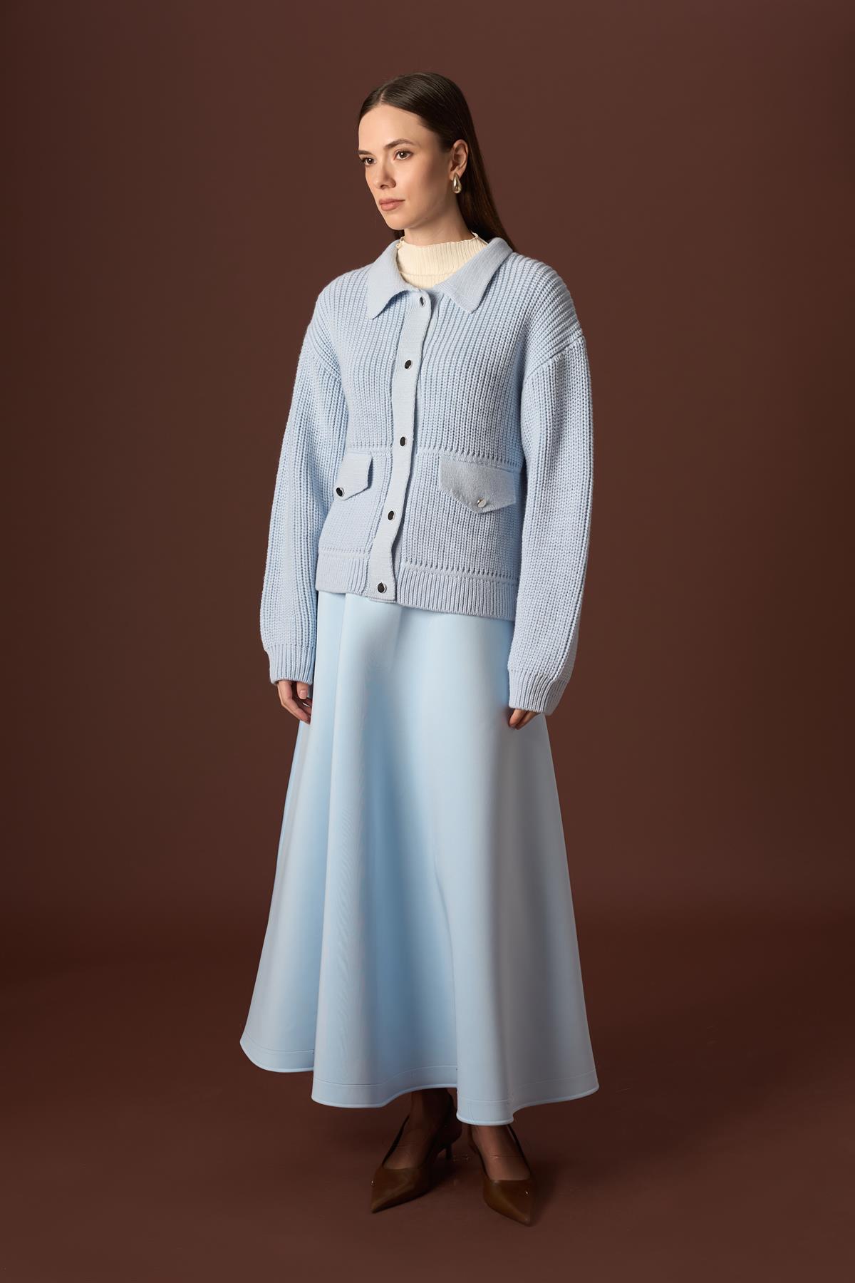 Cep Detaylı Düğmeli Triko Hırka - bebe mavisi