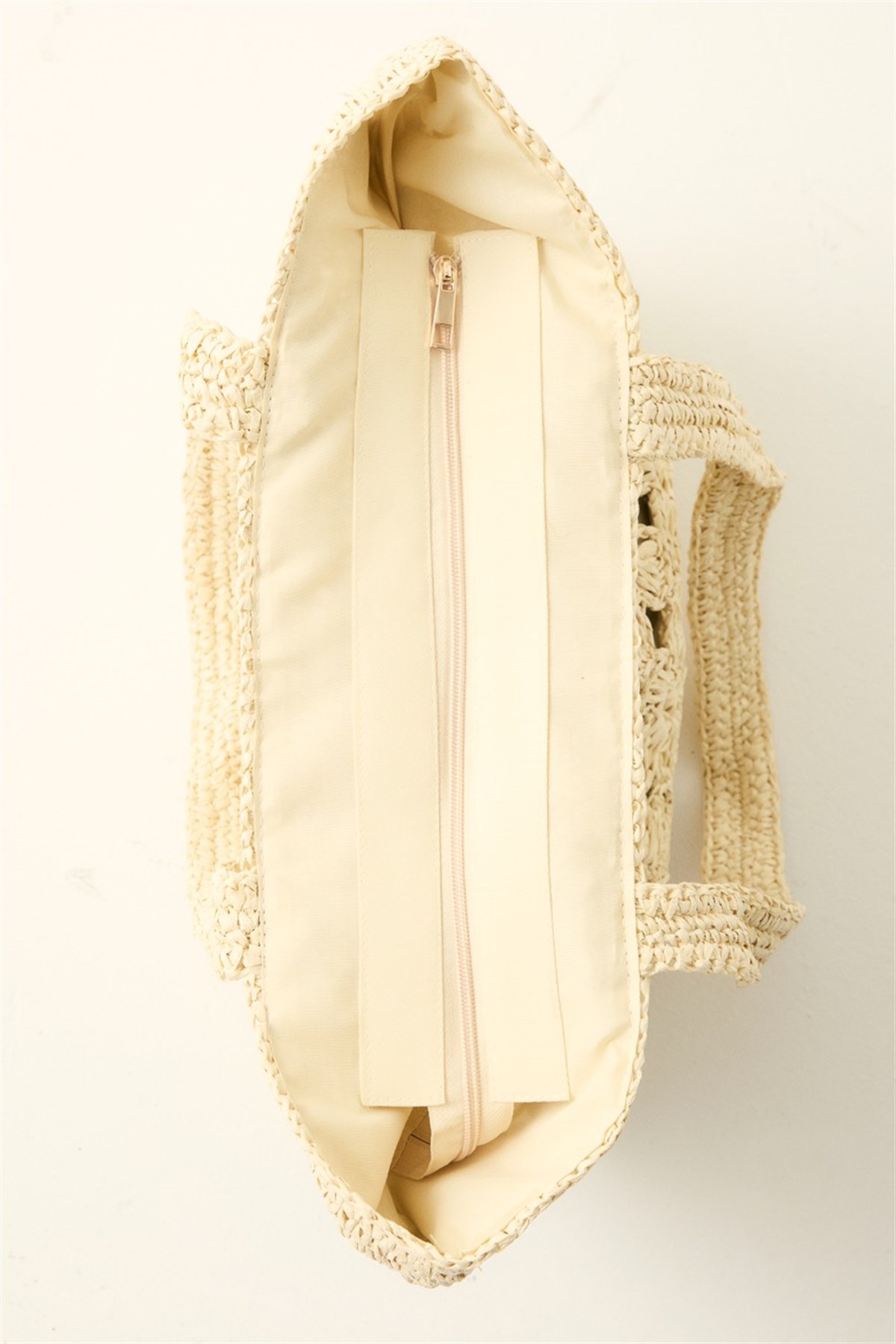 Çiçek Örgü Detaylı Hasır Çanta - Bej