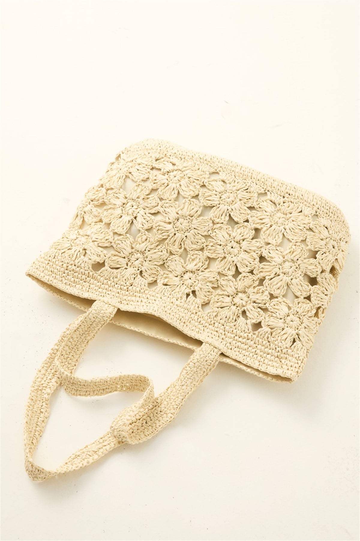 Çiçek Örgü Detaylı Hasır Çanta - Bej