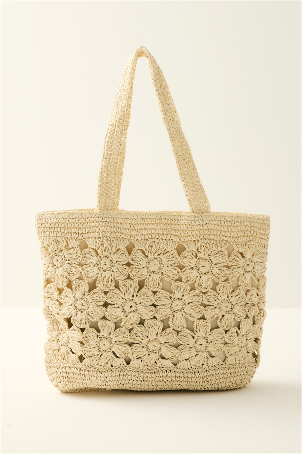Çiçek Örgü Detaylı Hasır Çanta - Bej