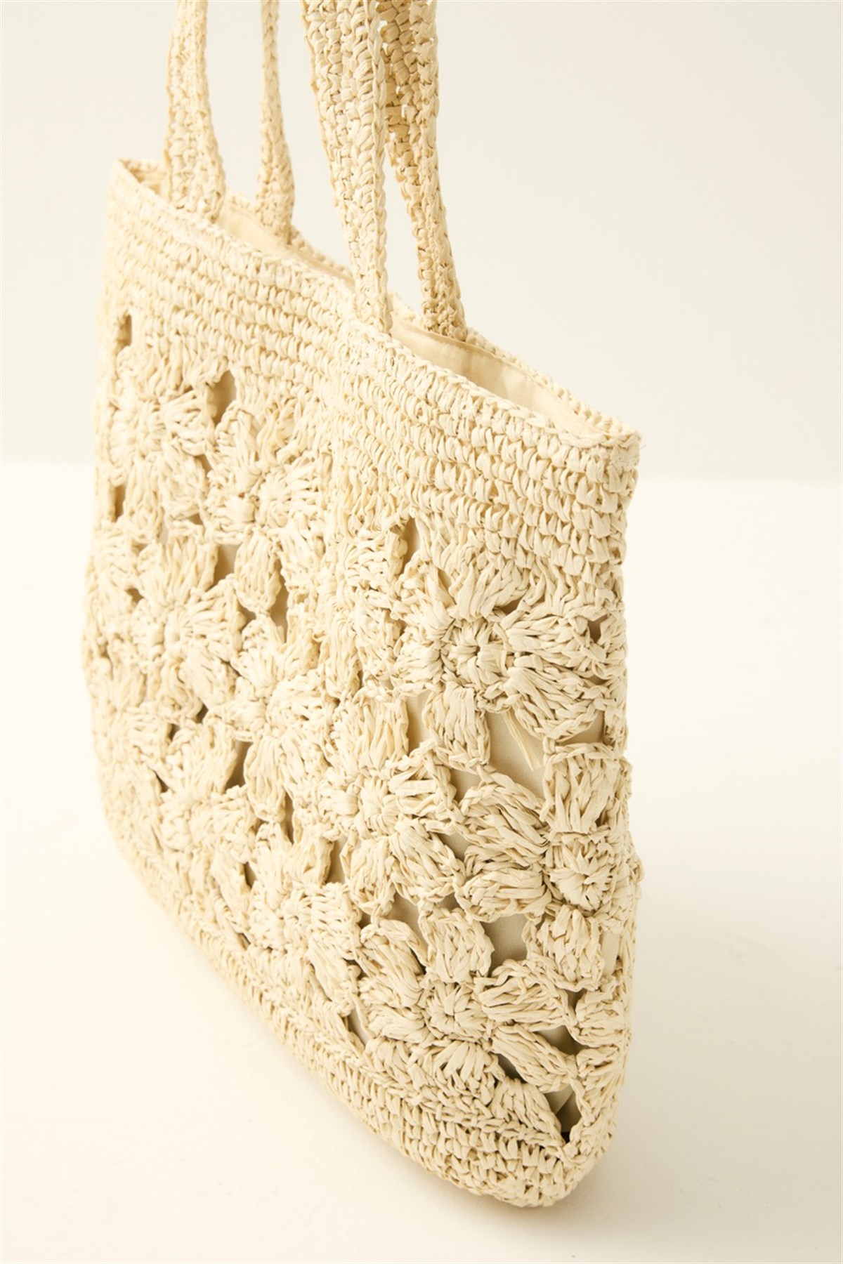 Çiçek Örgü Detaylı Hasır Çanta - Bej