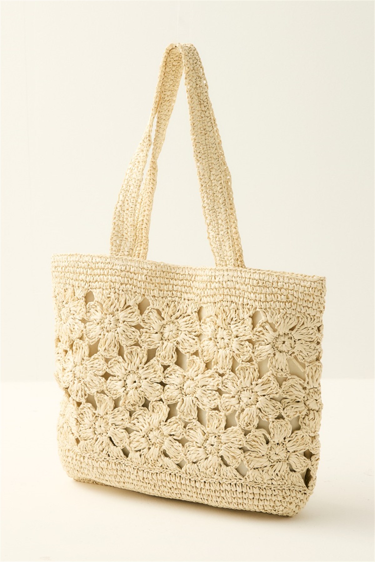 Çiçek Örgü Detaylı Hasır Çanta - Bej