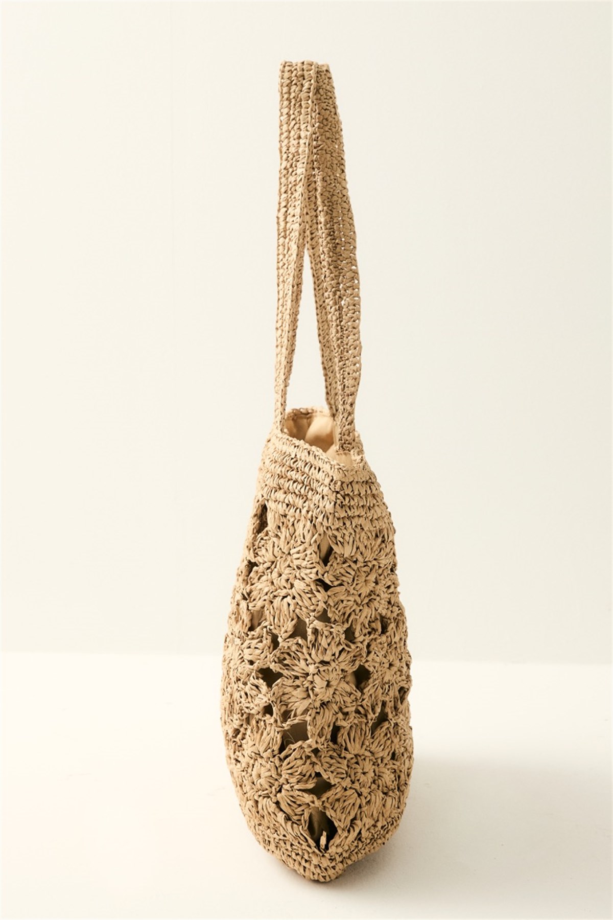 Çiçek Örgü Detaylı Hasır Çanta - Camel