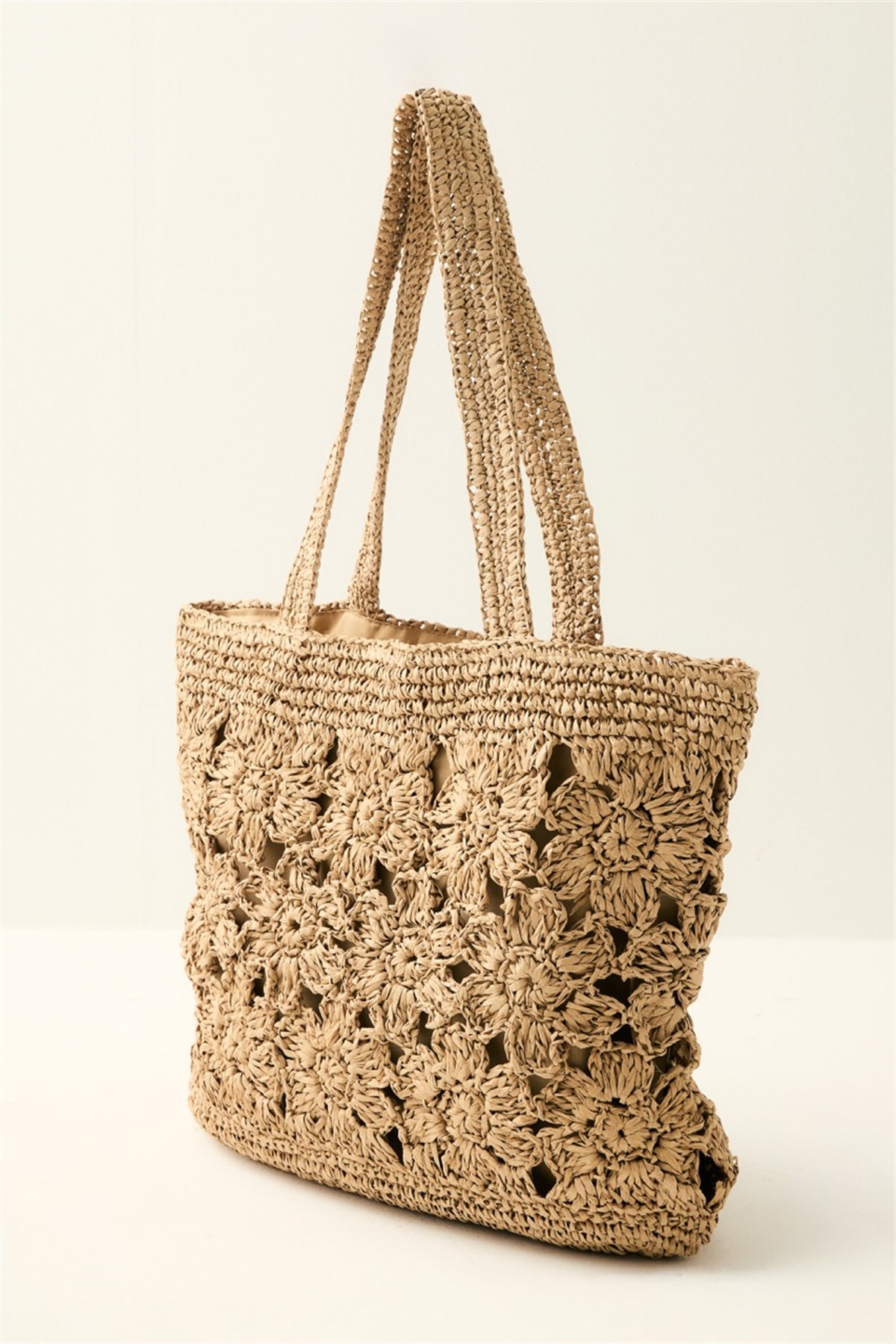 Çiçek Örgü Detaylı Hasır Çanta - Camel