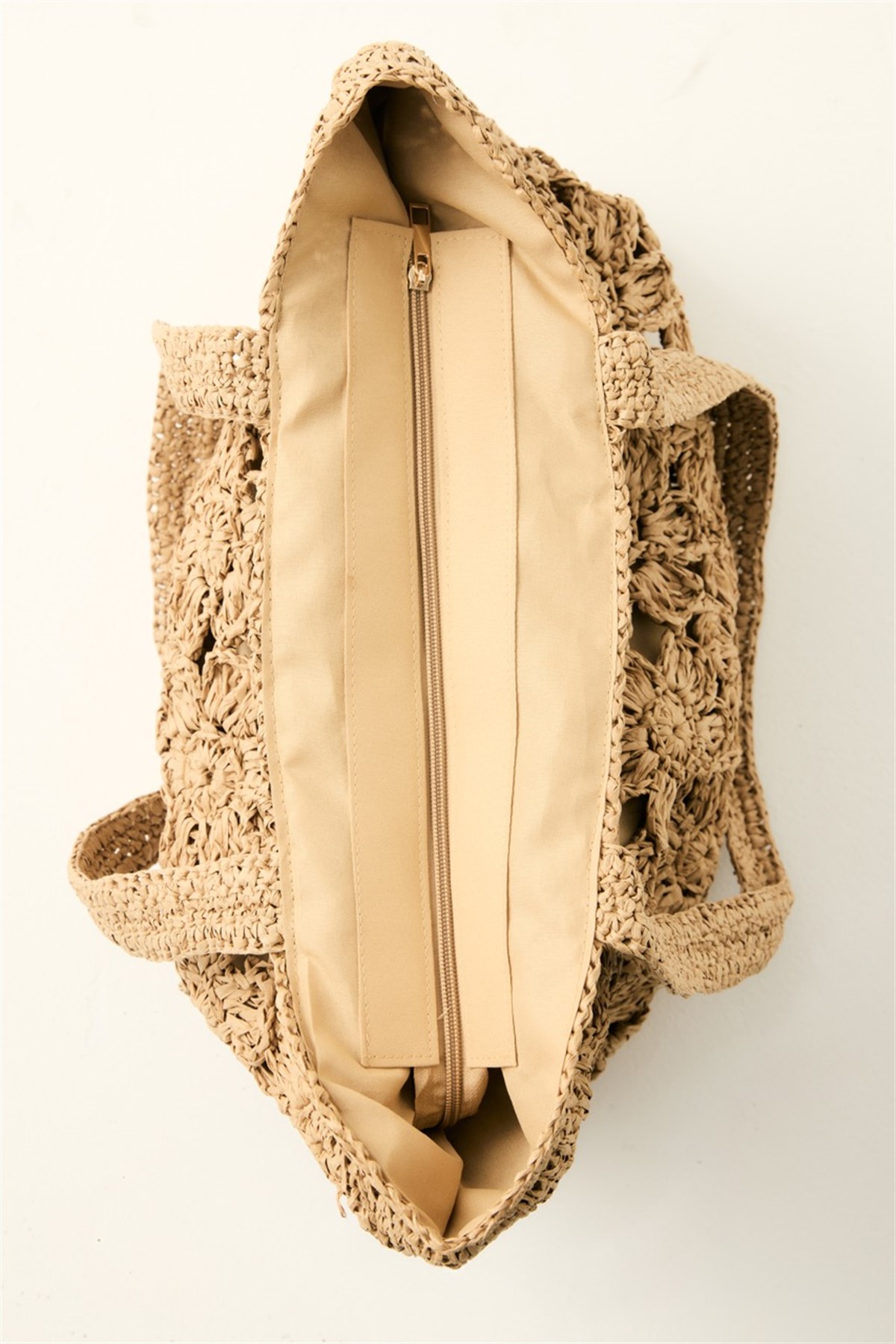 Çiçek Örgü Detaylı Hasır Çanta - Camel
