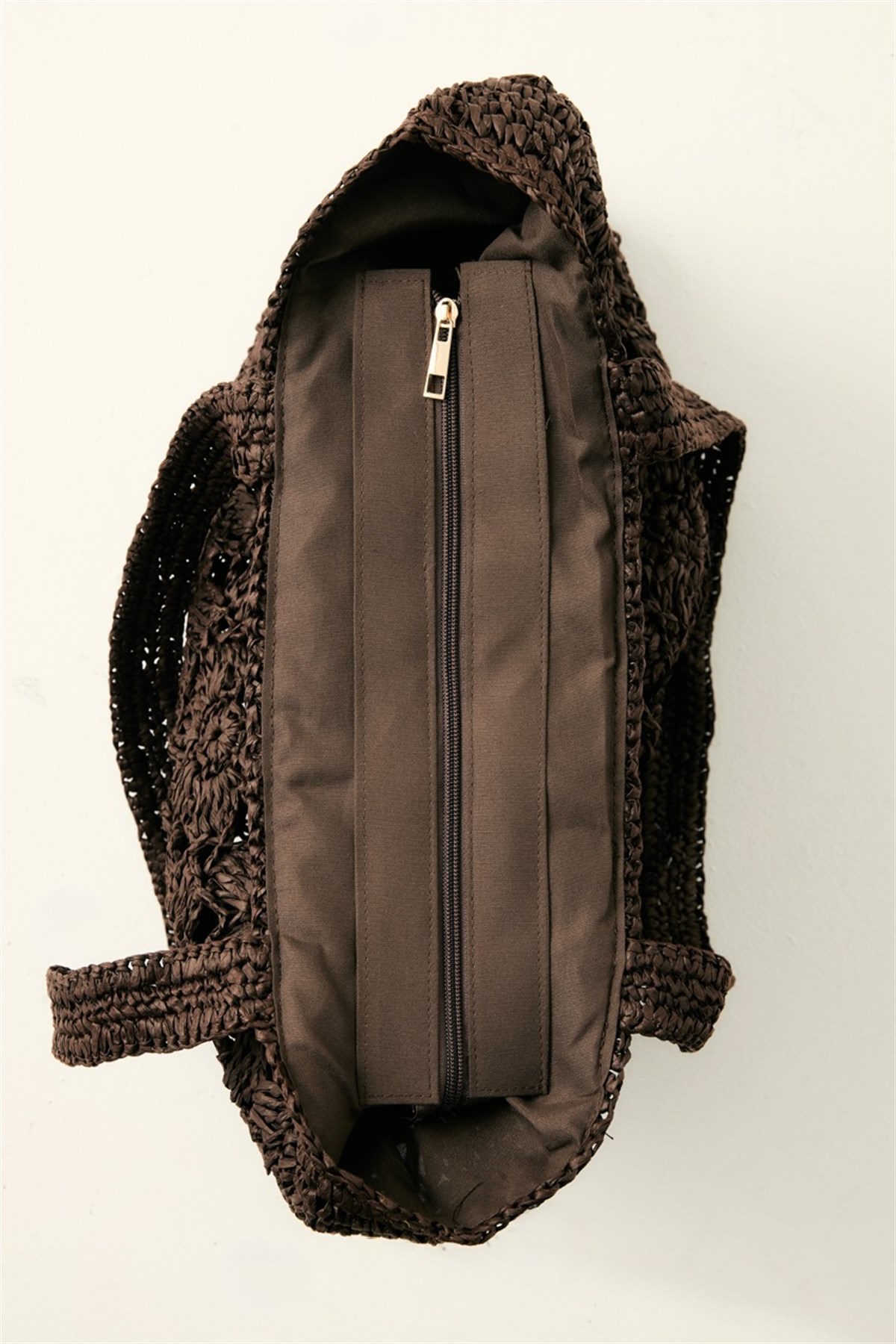 Çiçek Örgü Detaylı Hasır Çanta - Kahve