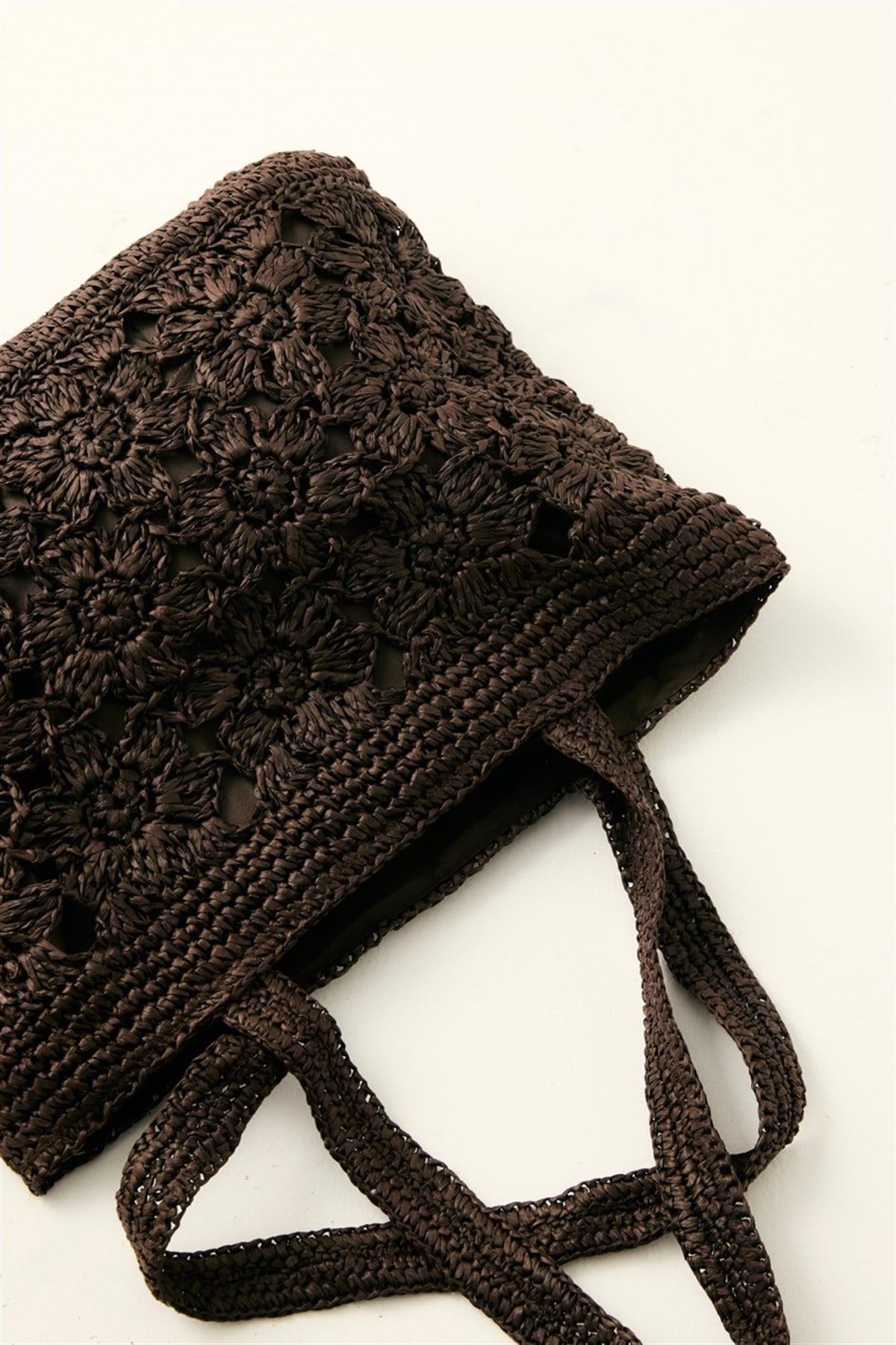 Çiçek Örgü Detaylı Hasır Çanta - Kahve