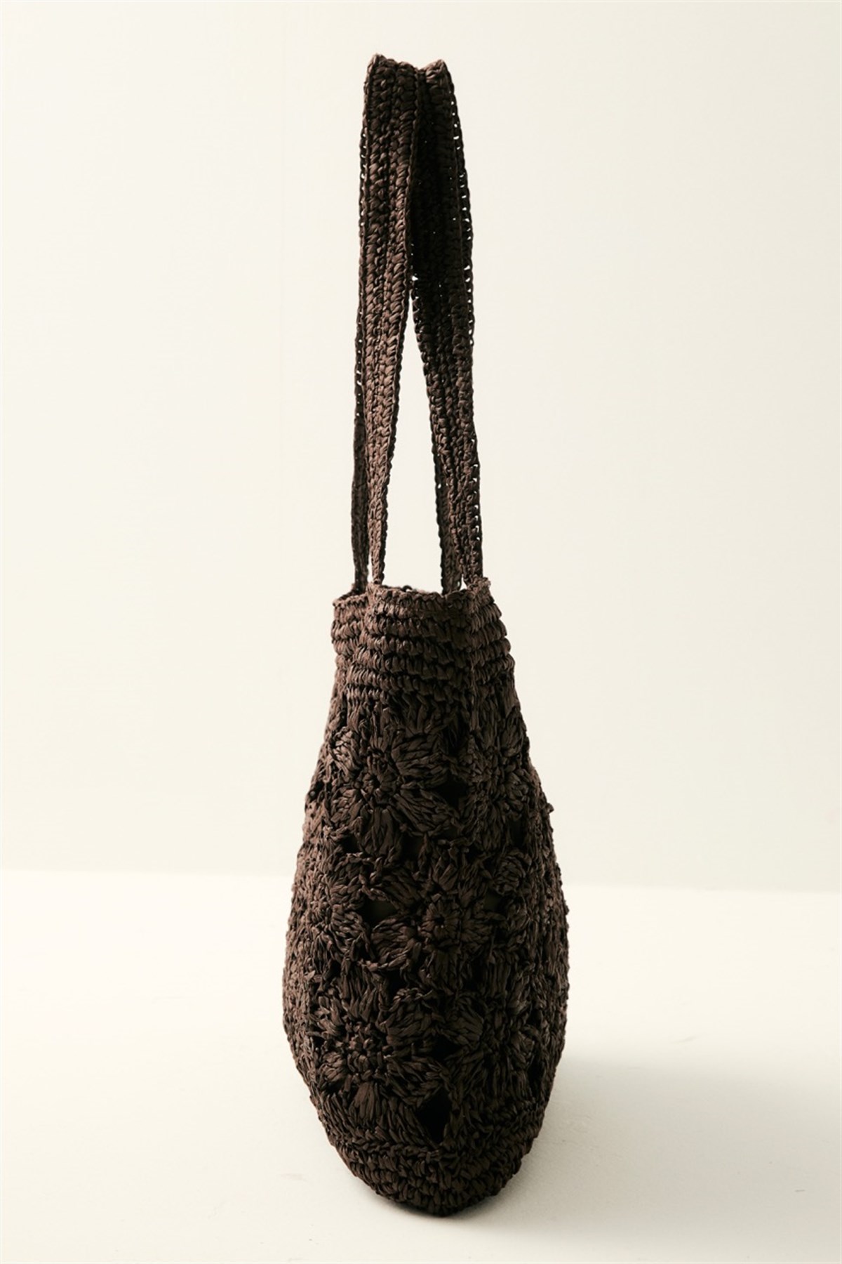 Çiçek Örgü Detaylı Hasır Çanta - Kahve