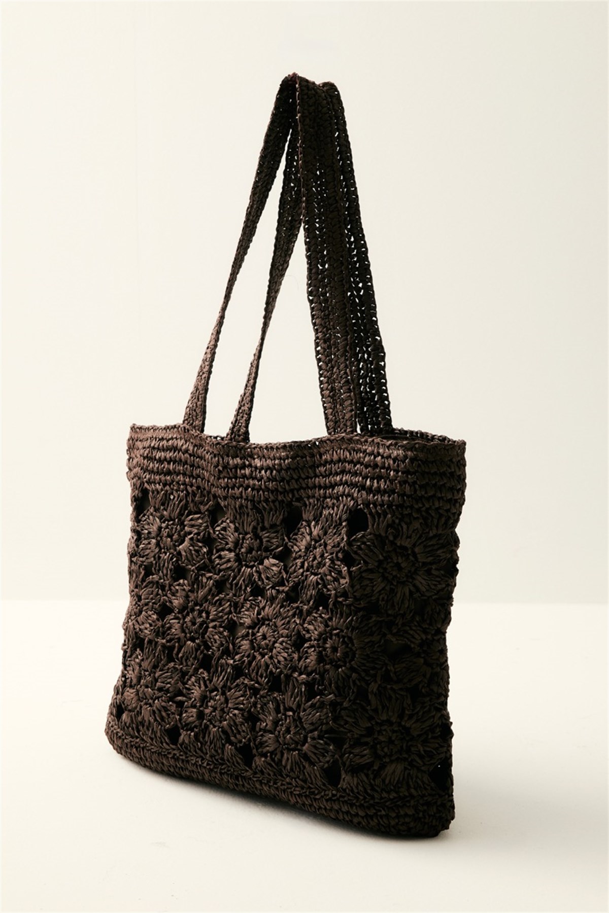 Çiçek Örgü Detaylı Hasır Çanta - Kahve