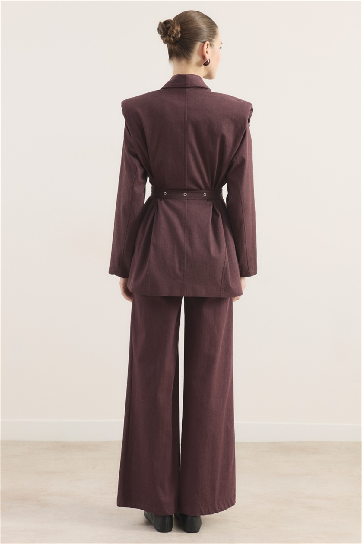 Çift Kemerli Kot Takım - Bordo