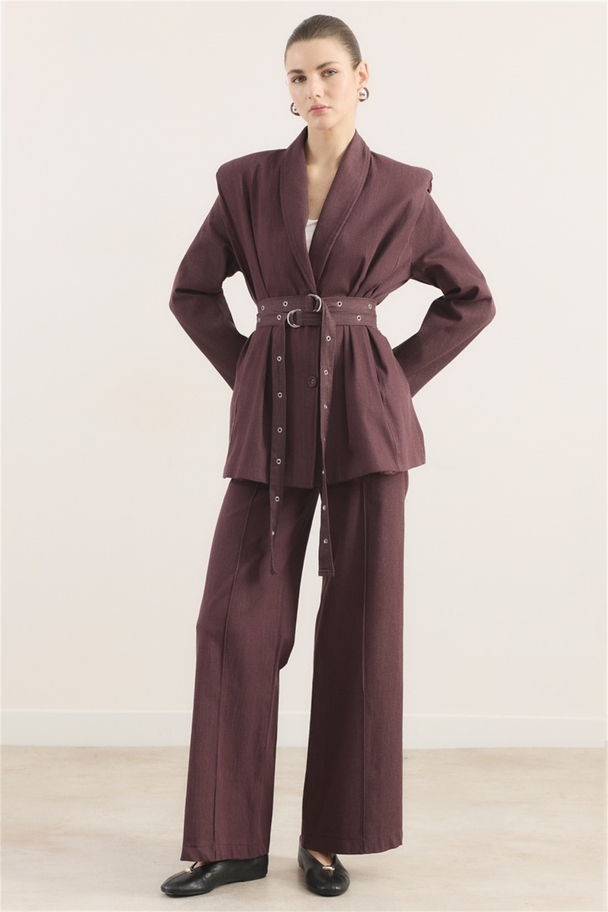 Çift Kemerli Kot Takım - Bordo