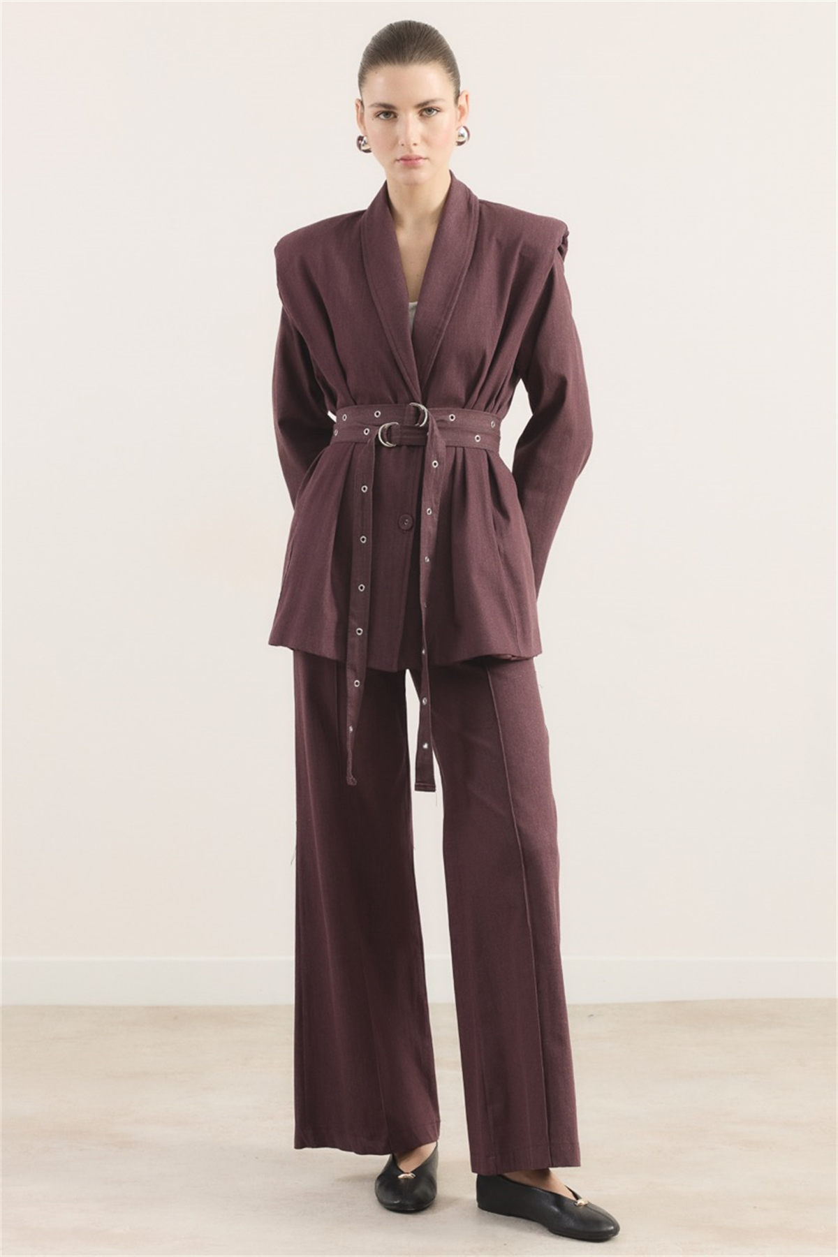 Çift Kemerli Kot Takım - Bordo
