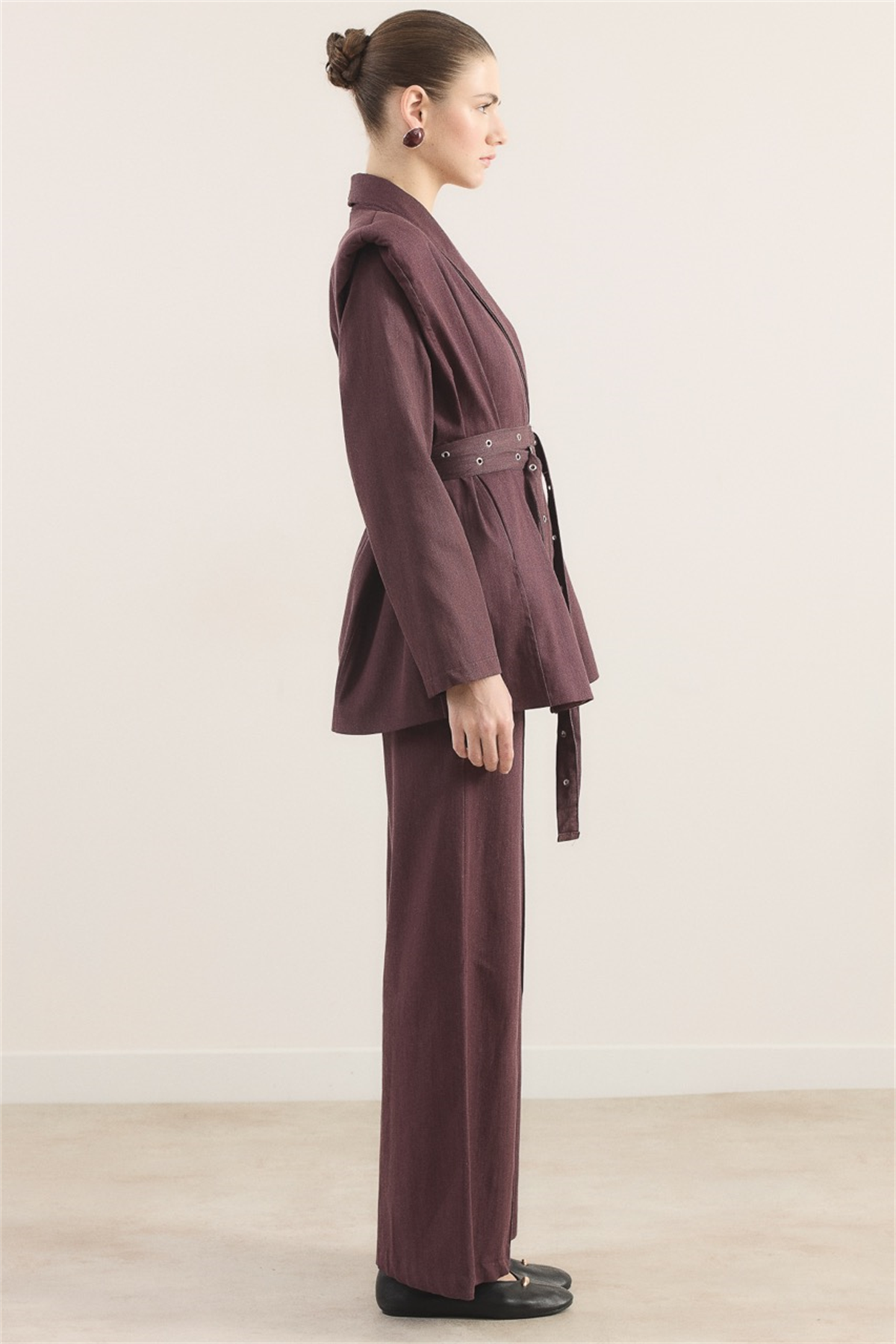 Çift Kemerli Kot Takım - Bordo