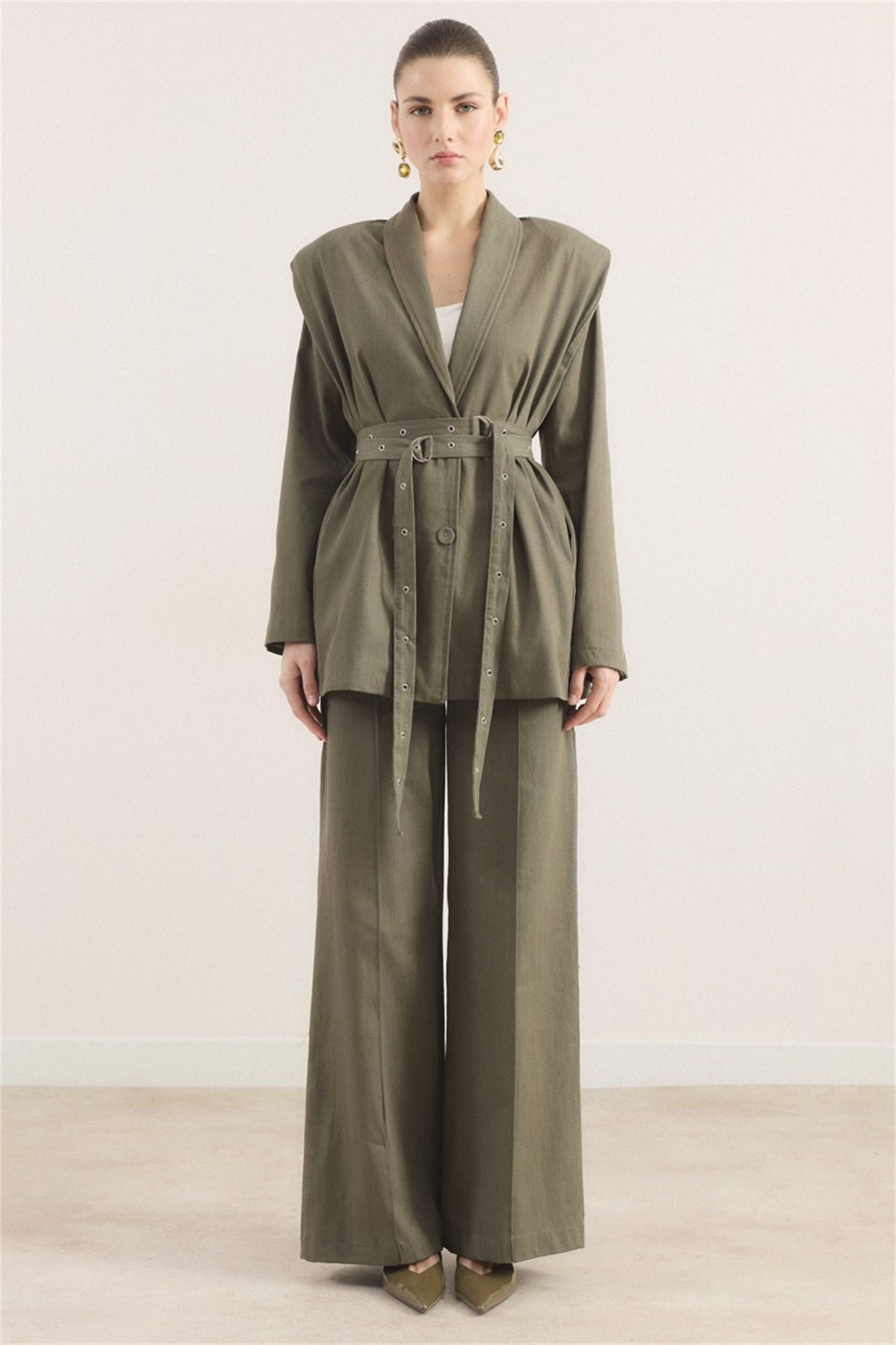 Çift Kemerli Kot Takım - Haki