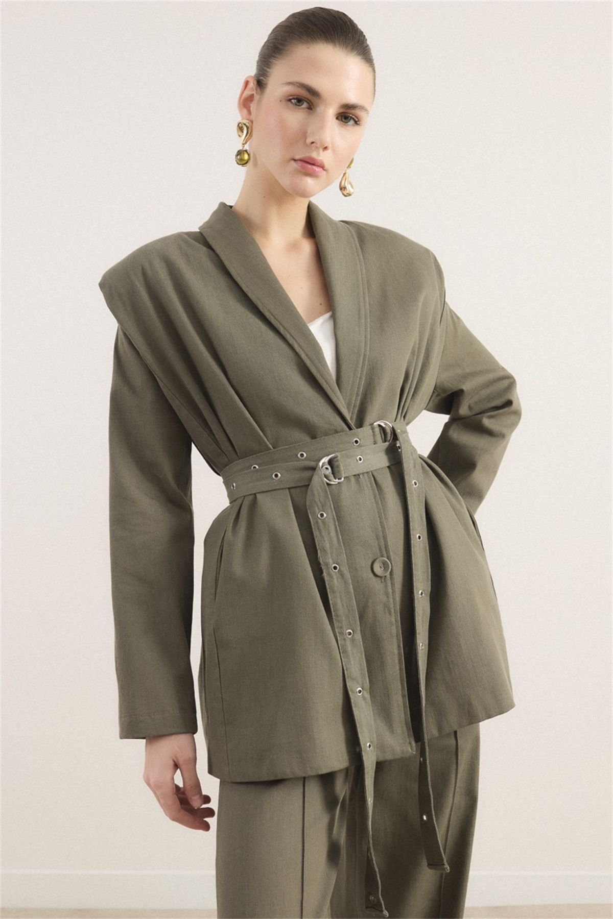 Çift Kemerli Kot Takım - Haki