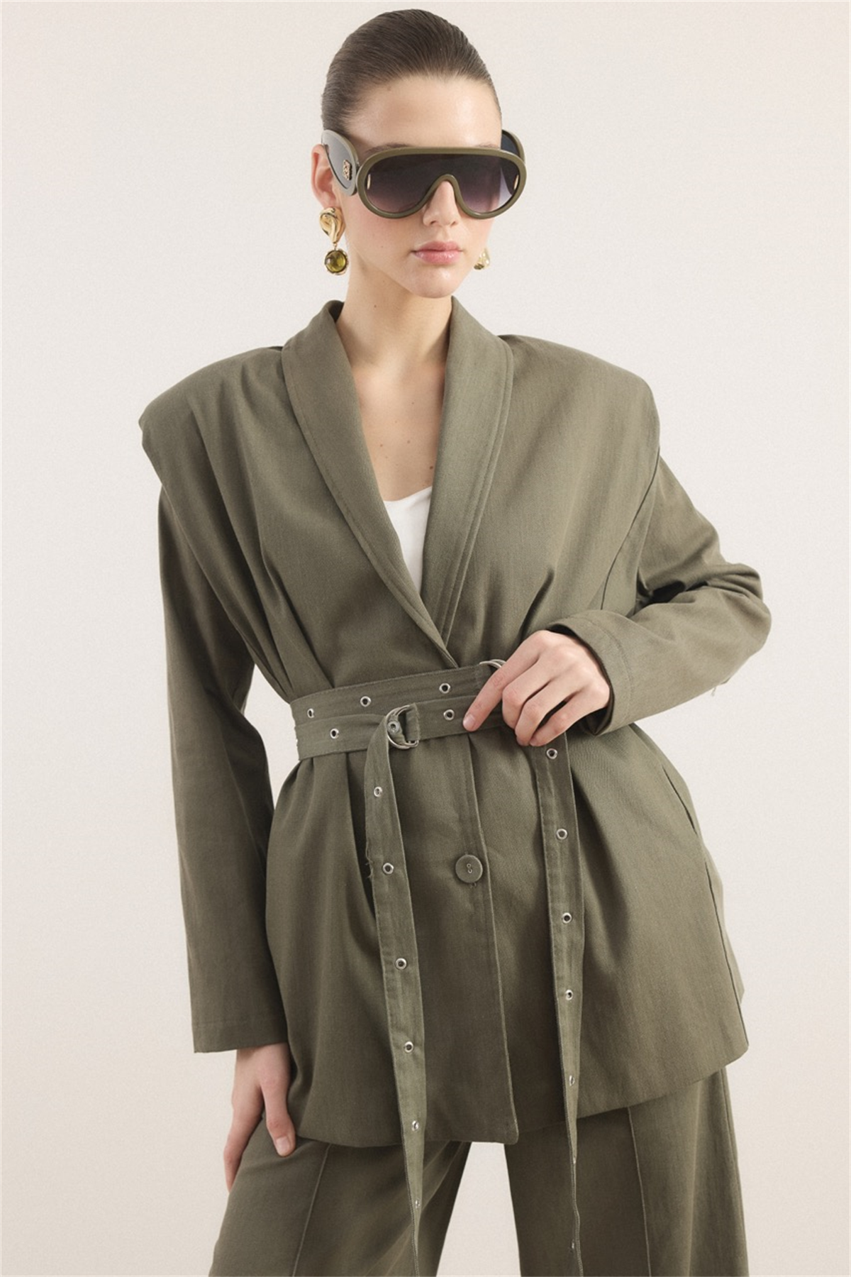 Çift Kemerli Kot Takım - Haki