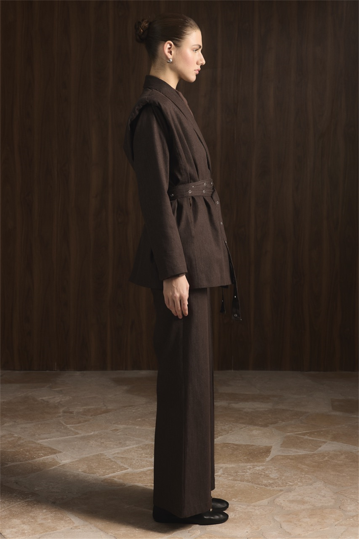 Çift Kemerli Kot Takım - Kahve