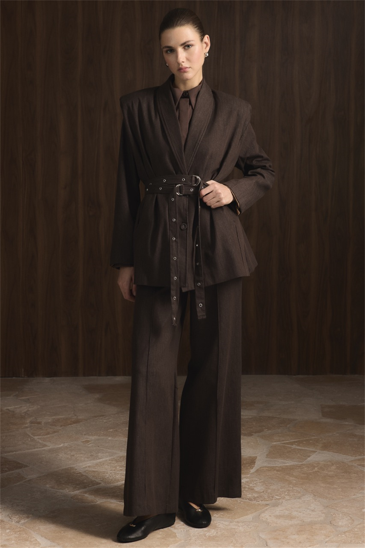 Çift Kemerli Kot Takım - Kahve