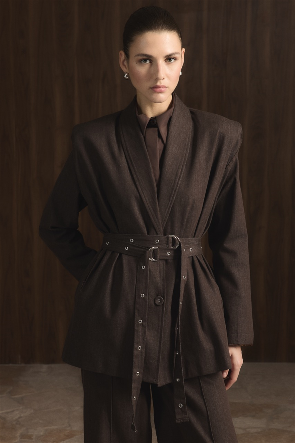 Çift Kemerli Kot Takım - Kahve