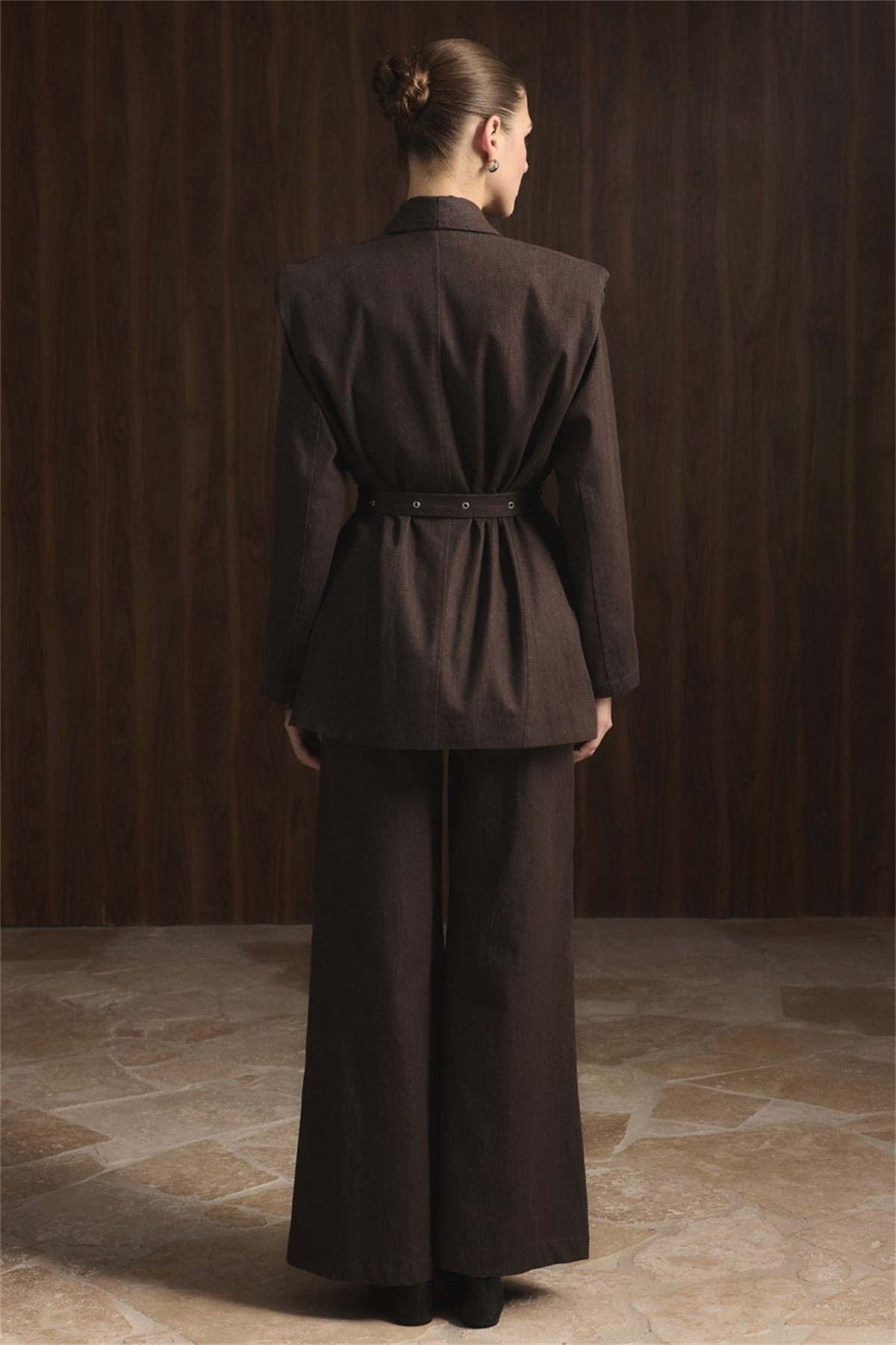 Çift Kemerli Kot Takım - Kahve