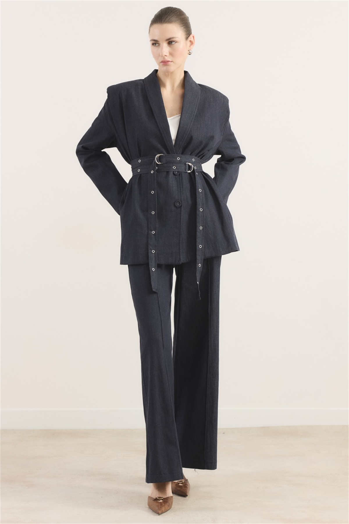 Çift Kemerli Kot Takım - Lacivert