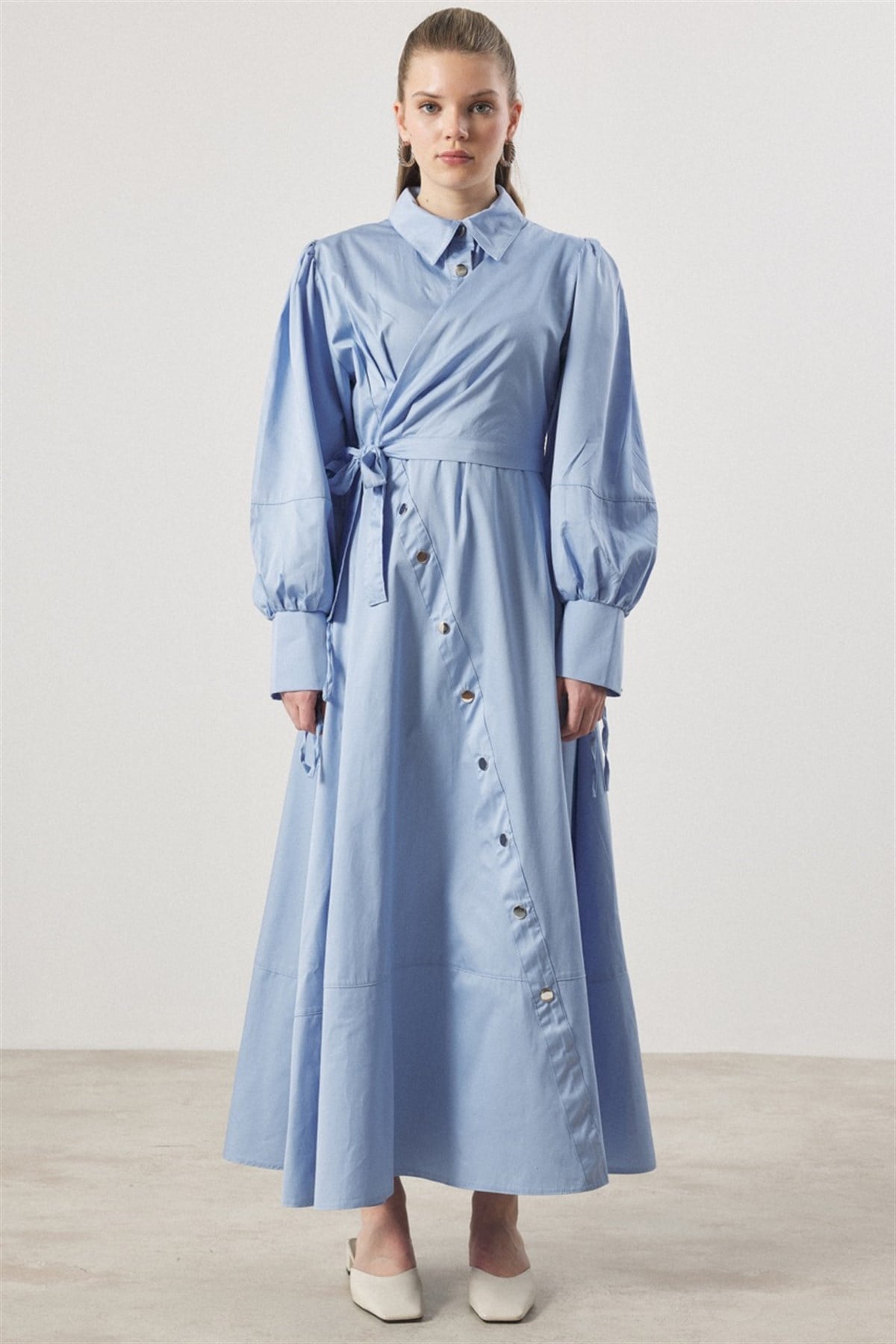 Çıtçıt Detaylı Compact Saten Elbise - bebe mavisi