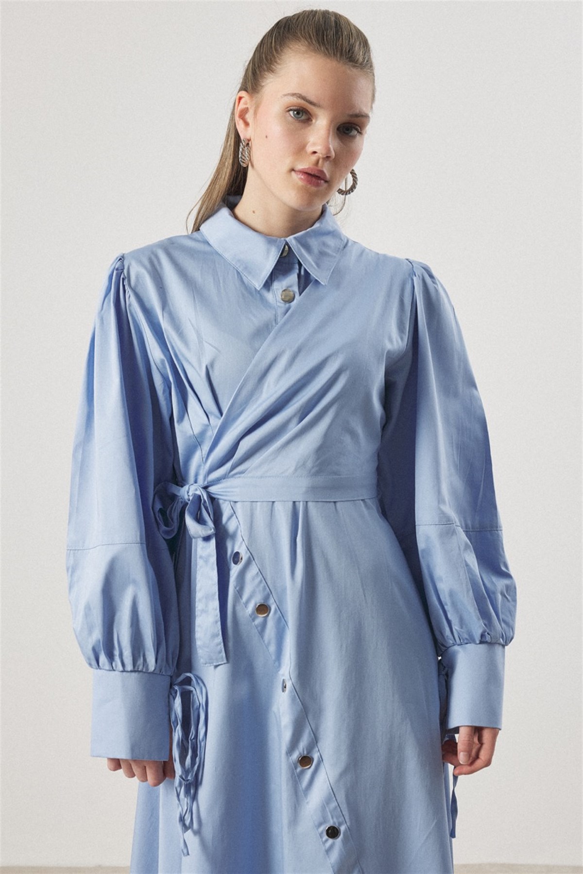 Çıtçıt Detaylı Compact Saten Elbise - bebe mavisi