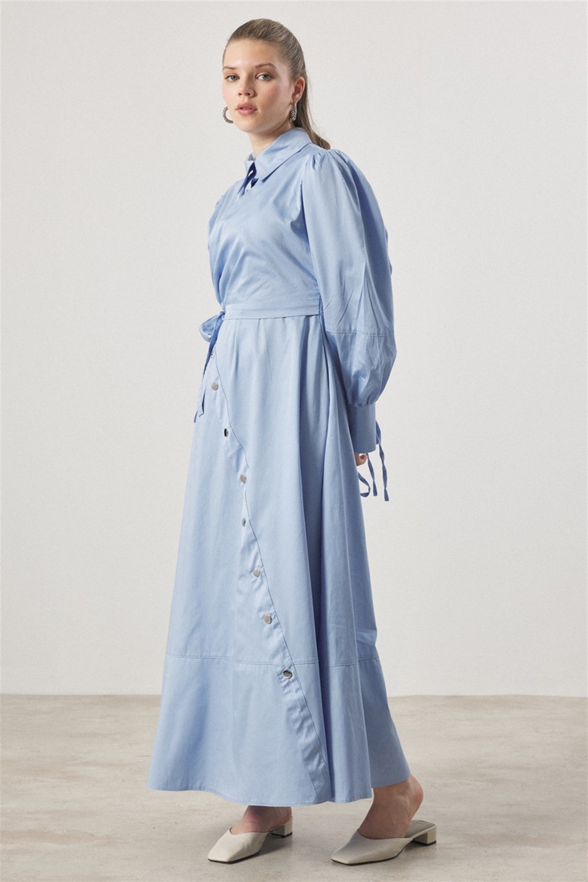 Çıtçıt Detaylı Compact Saten Elbise - bebe mavisi