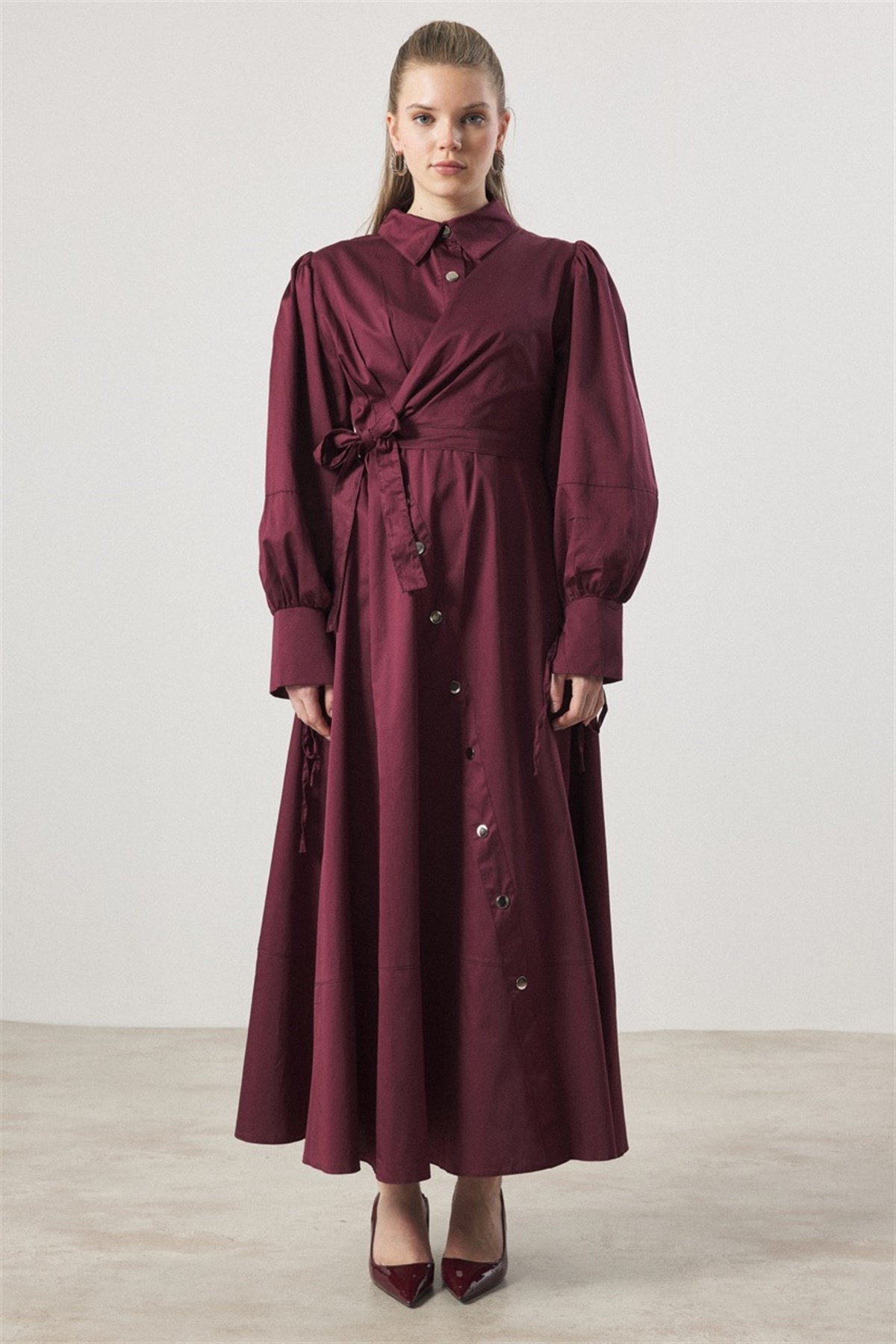 Çıtçıt Detaylı Compact Saten Elbise - Bordo