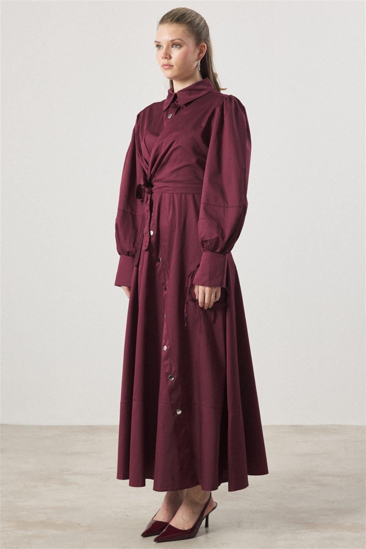 Çıtçıt Detaylı Compact Saten Elbise - Bordo