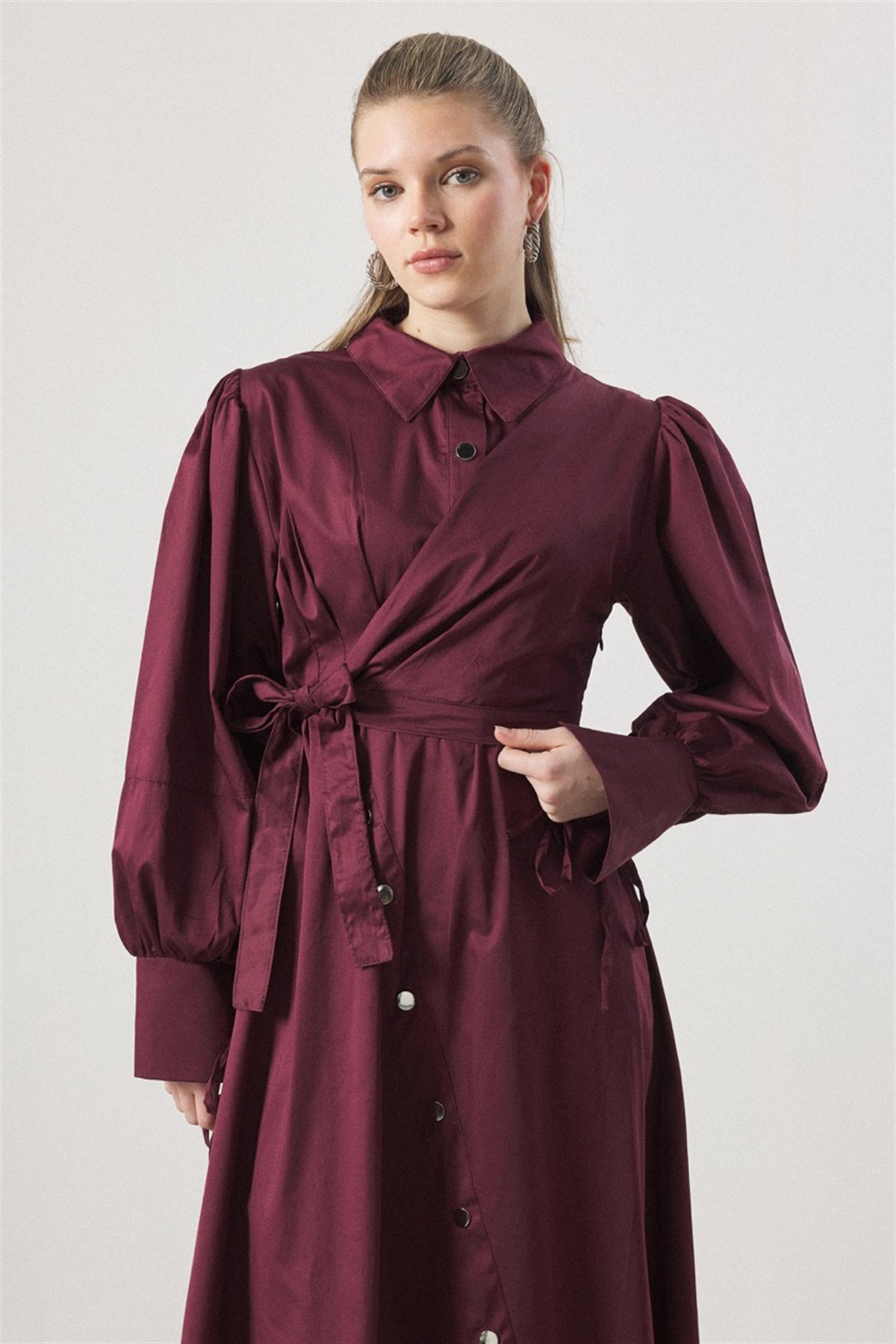 Çıtçıt Detaylı Compact Saten Elbise - Bordo