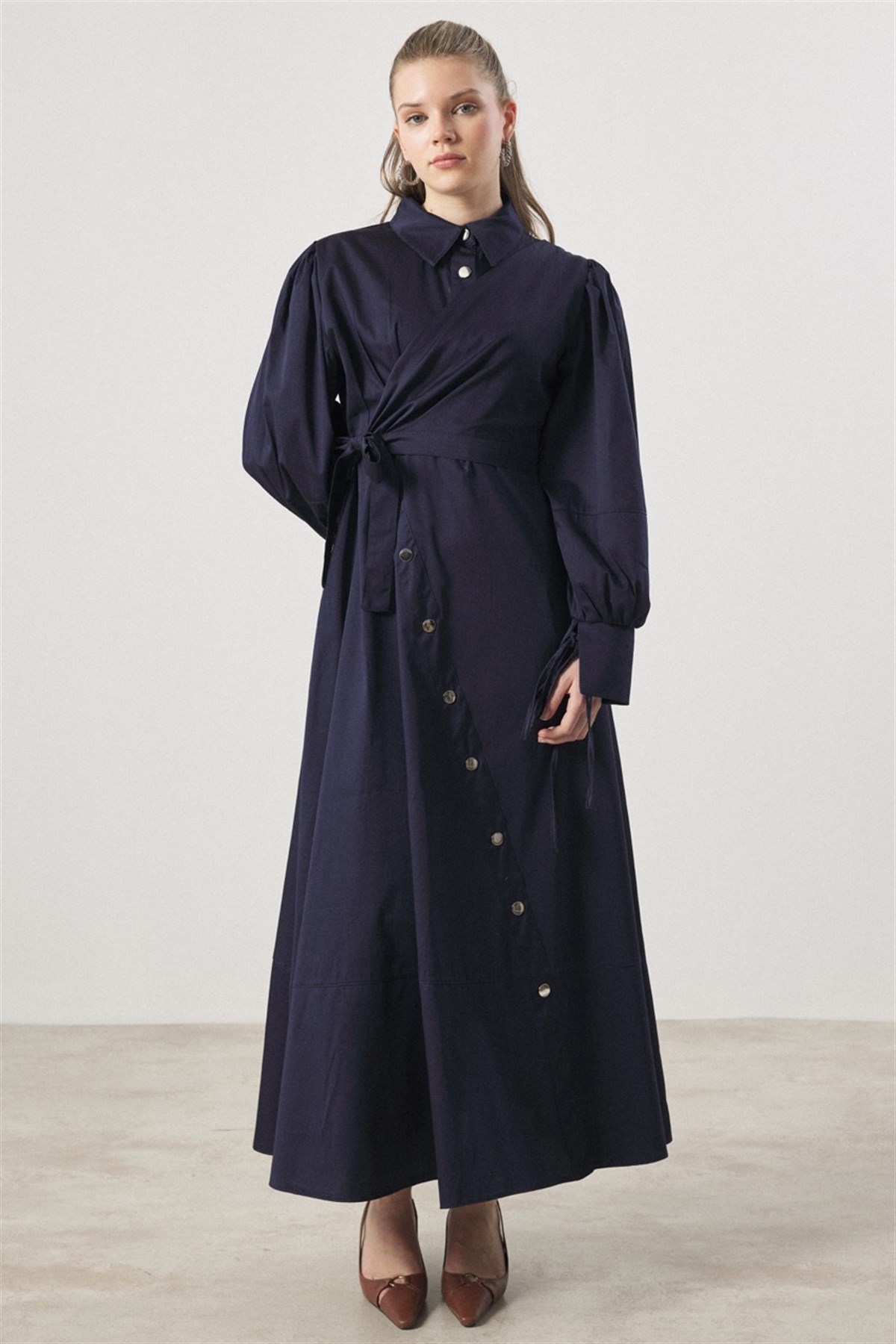 Çıtçıt Detaylı Compact Saten Elbise - Lacivert