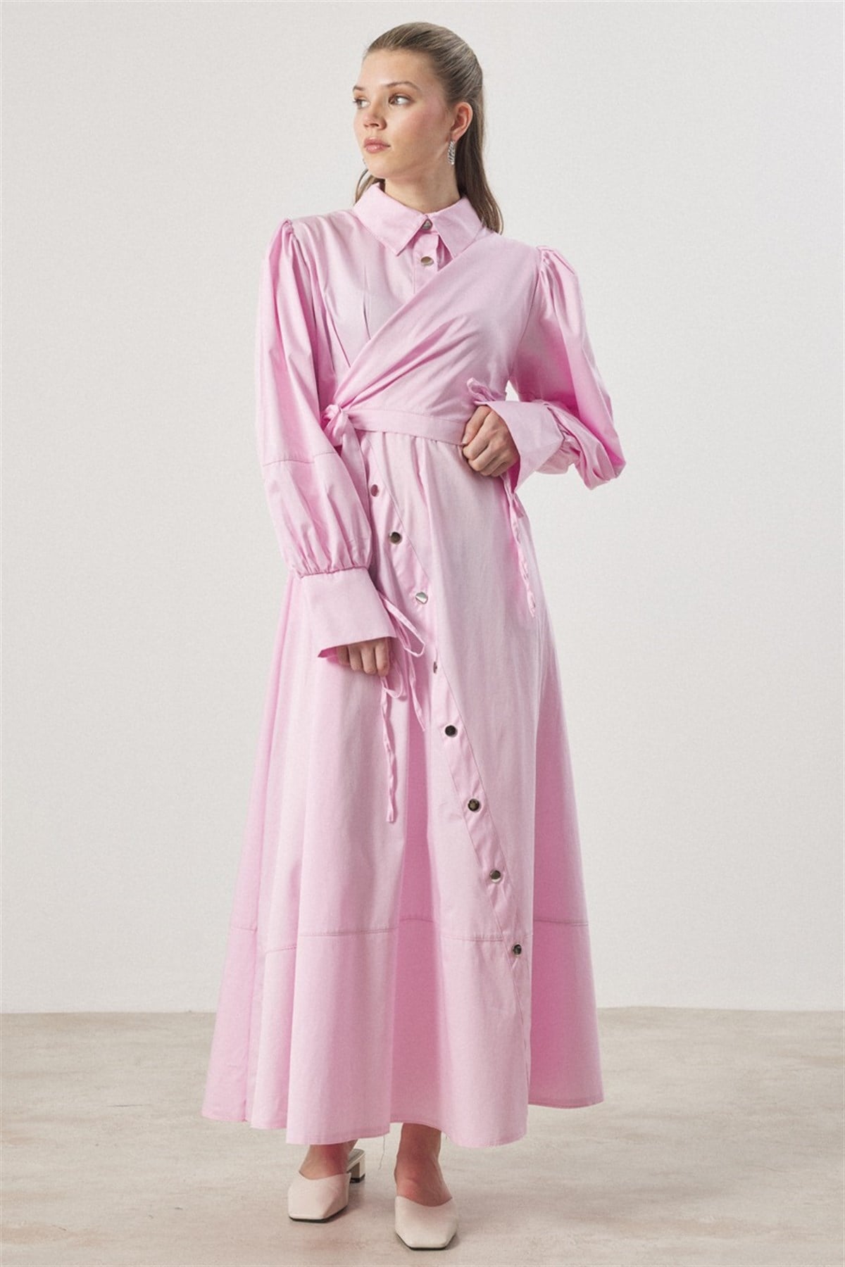 Çıtçıt Detaylı Compact Saten Elbise - Pembe