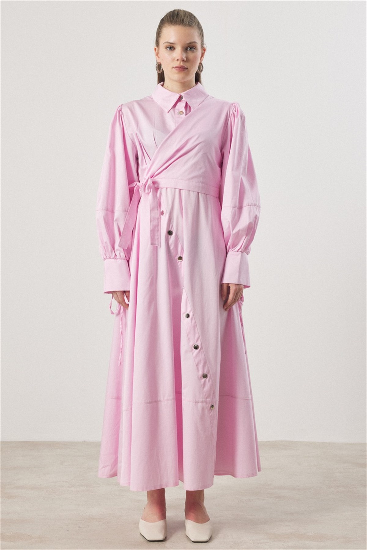 Çıtçıt Detaylı Compact Saten Elbise - Pembe