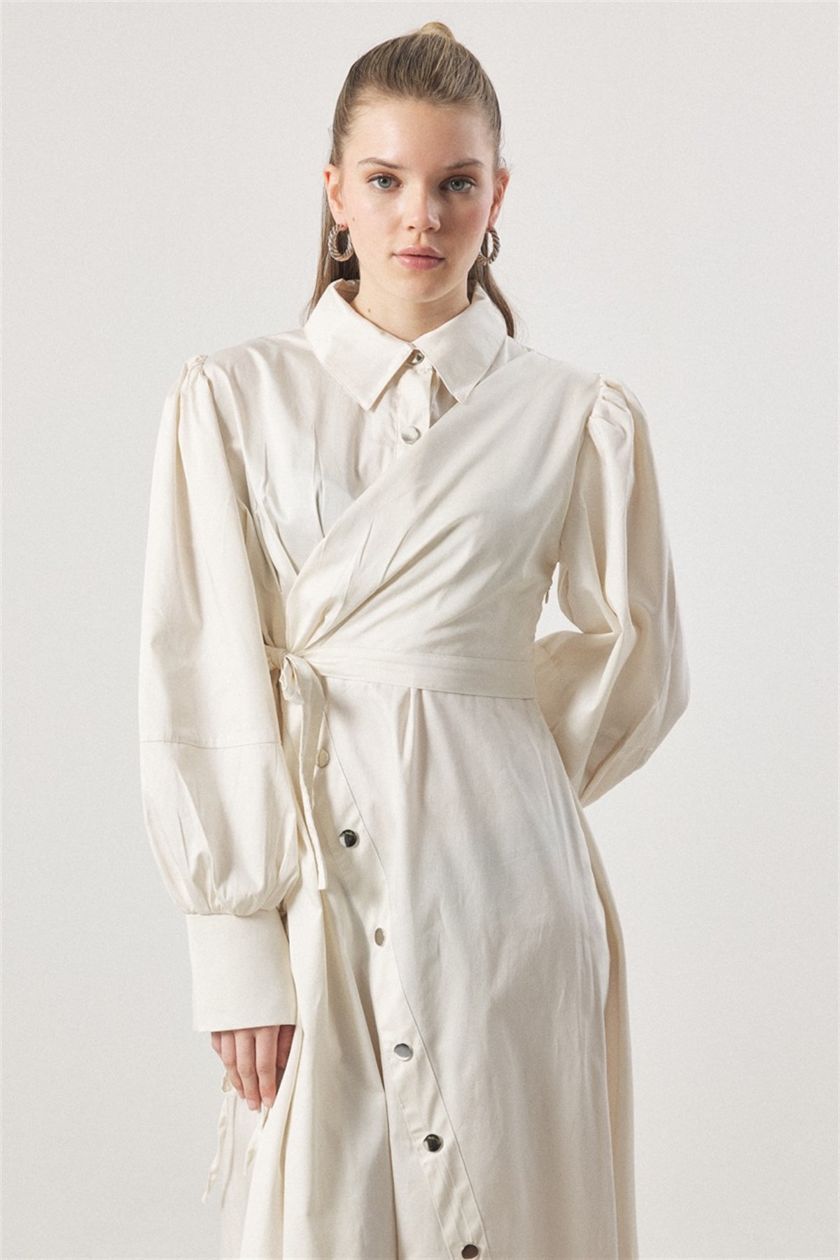 Çıtçıt Detaylı Compact Saten Elbise - Taş