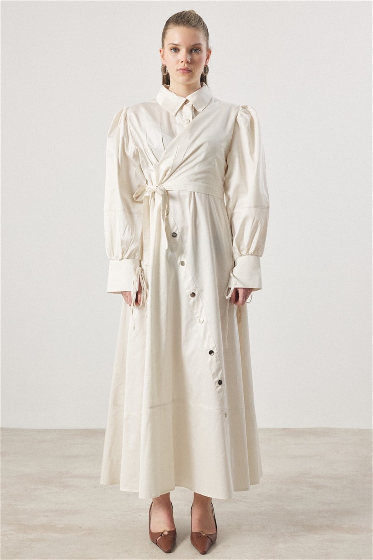 Çıtçıt Detaylı Compact Saten Elbise - Taş